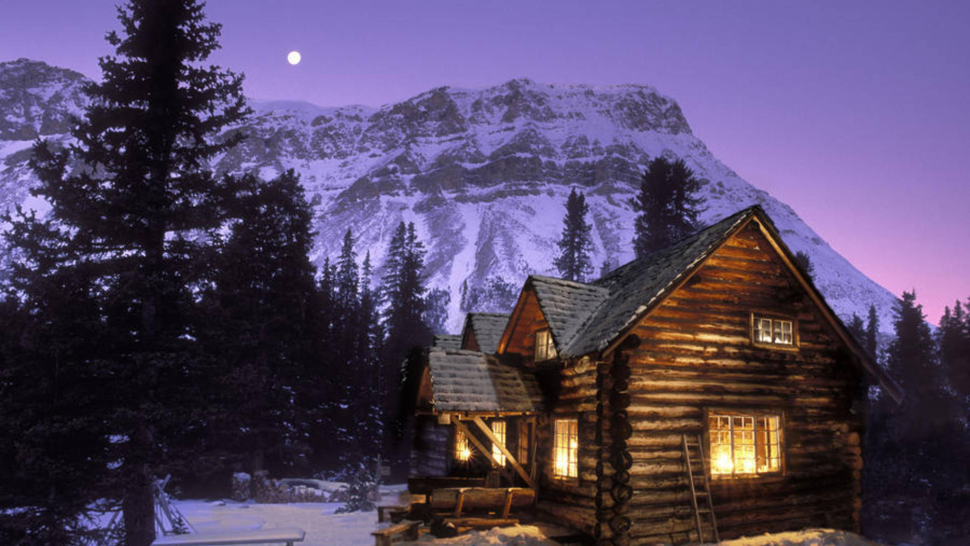 cozy winter cabin, snowy mountain, purple twilight sky, Full HD Desktop Wallpaper