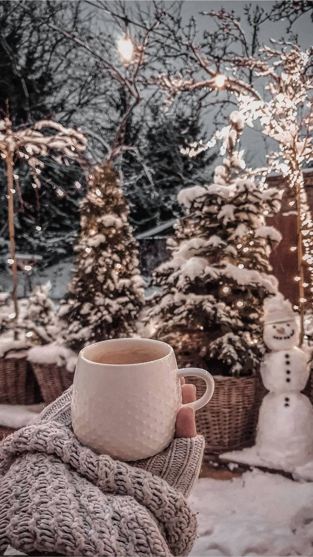cozy knit sweater, warm mug, snowy garden backdrop, Full HD Phone Wallpaper
