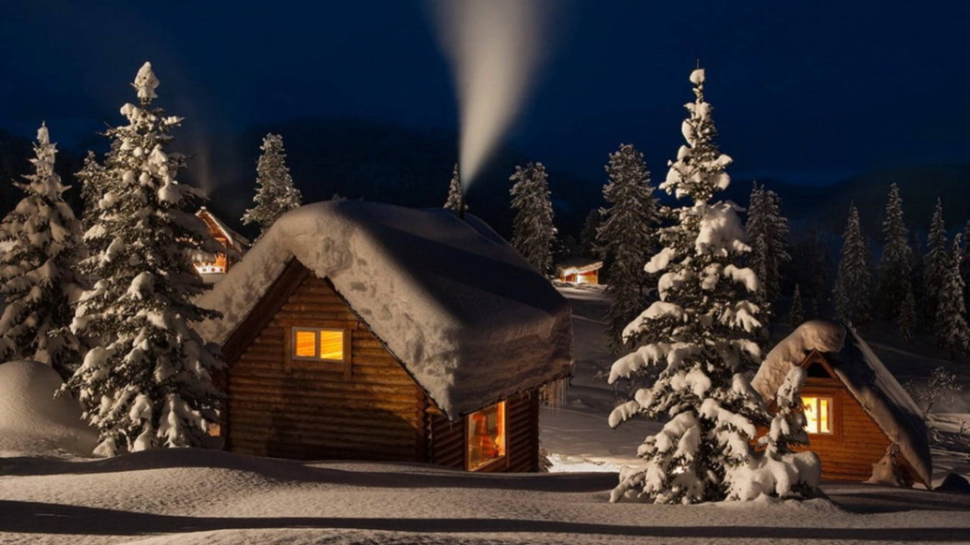 cozy winter cabins, snowy evening, snow-covered wooden cabins, Full HD Desktop Wallpaper