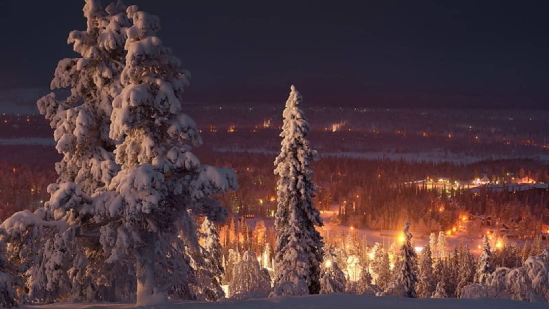 Cozy Winter Wonderland, snow-laden pine trees, glowing winter village, Full HD Desktop Wallpaper