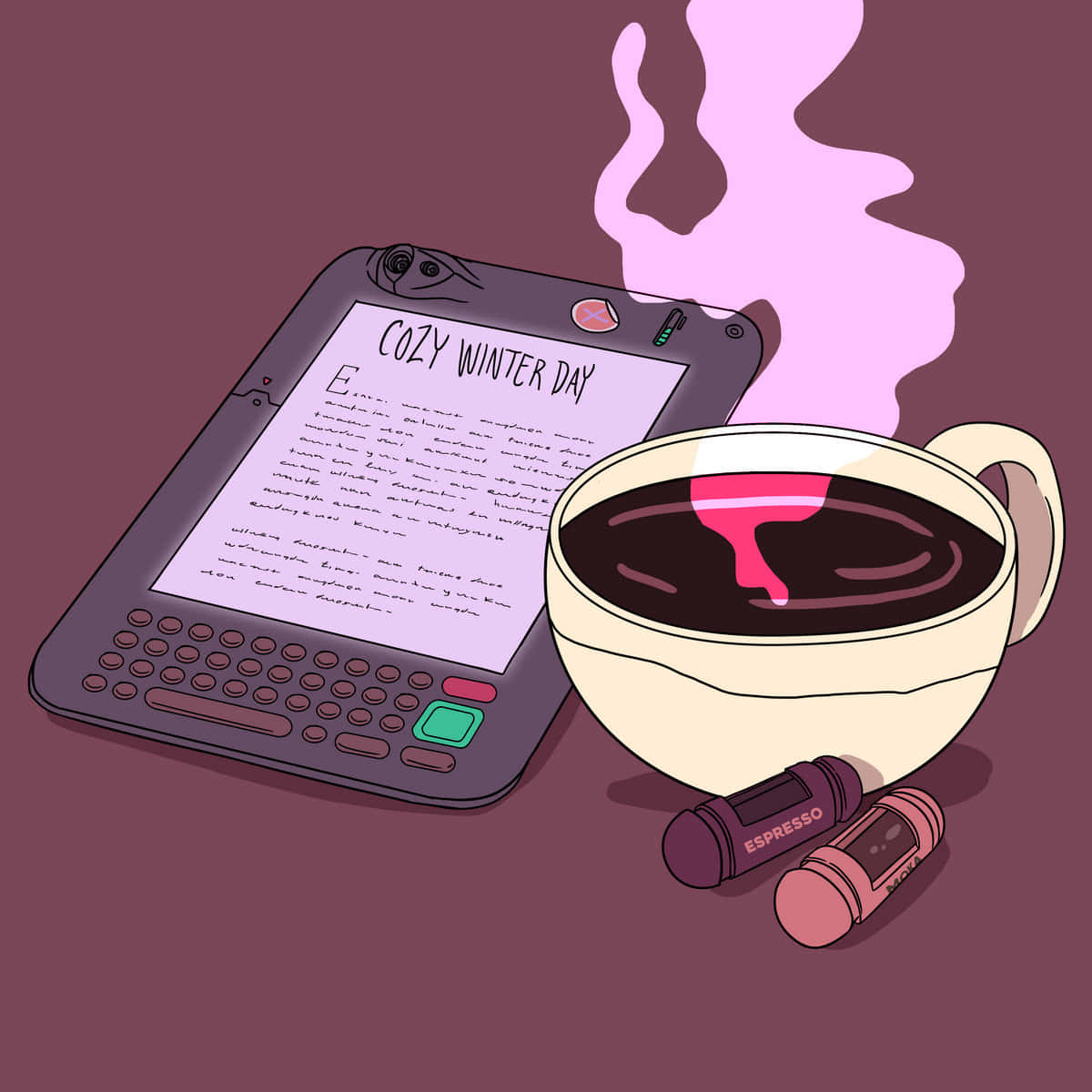 cozy winter aesthetic, steaming espresso cup, vintage e-reader, SD Desktop Wallpaper
