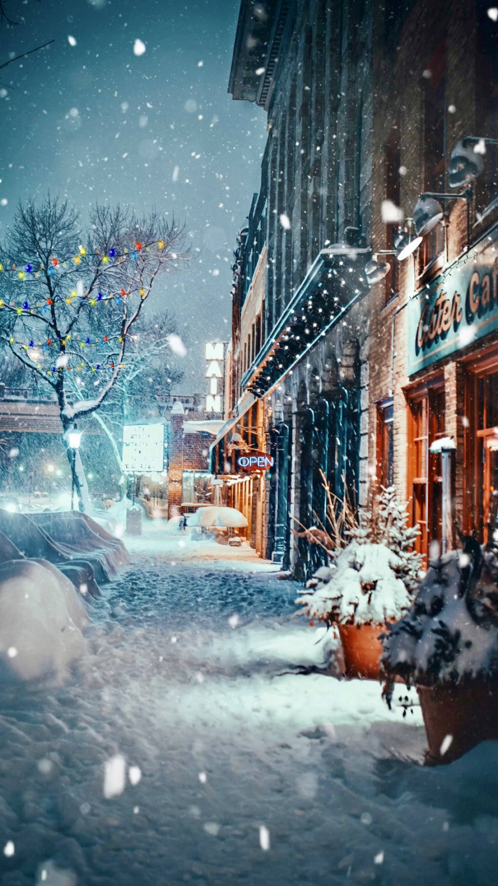 cozy winter, snowflakes, cozy winter street, 2K Phone Wallpaper