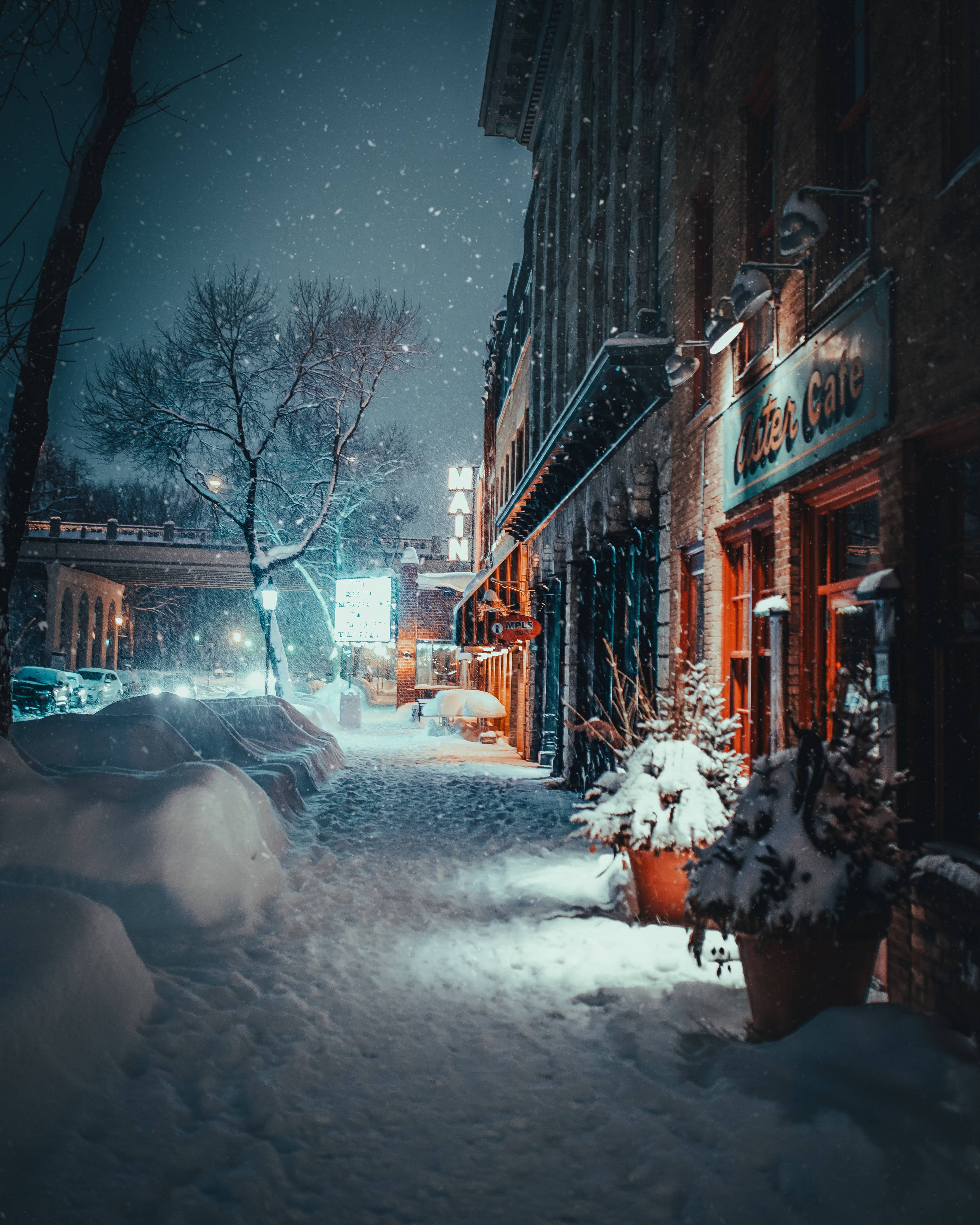 Cozy Winter, snow, quiet urban street, 4K Phone Wallpaper