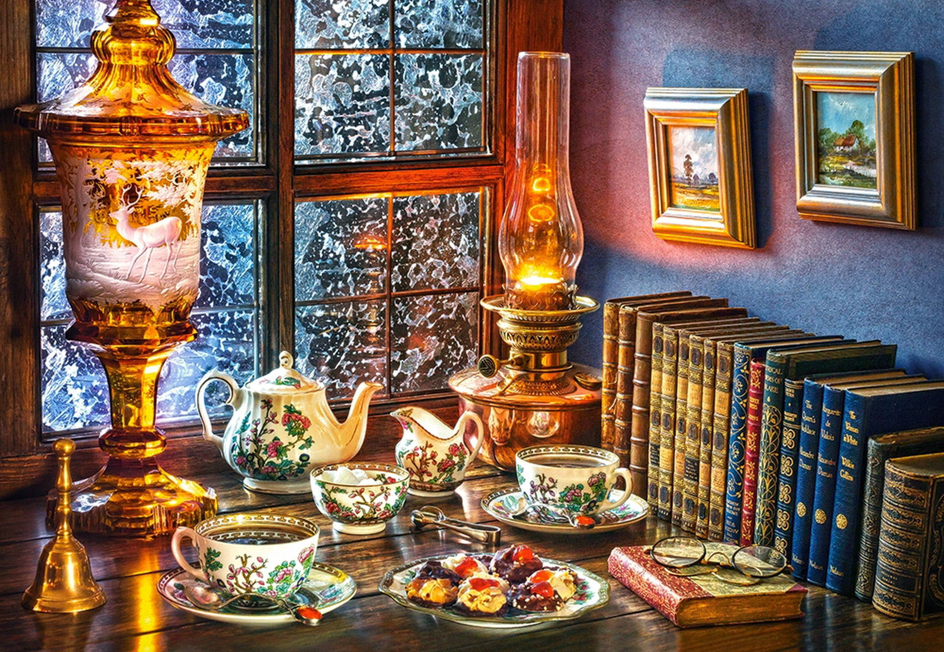 cozy winter night drinking tea, vintage tea set, wooden table, HD Desktop Wallpaper