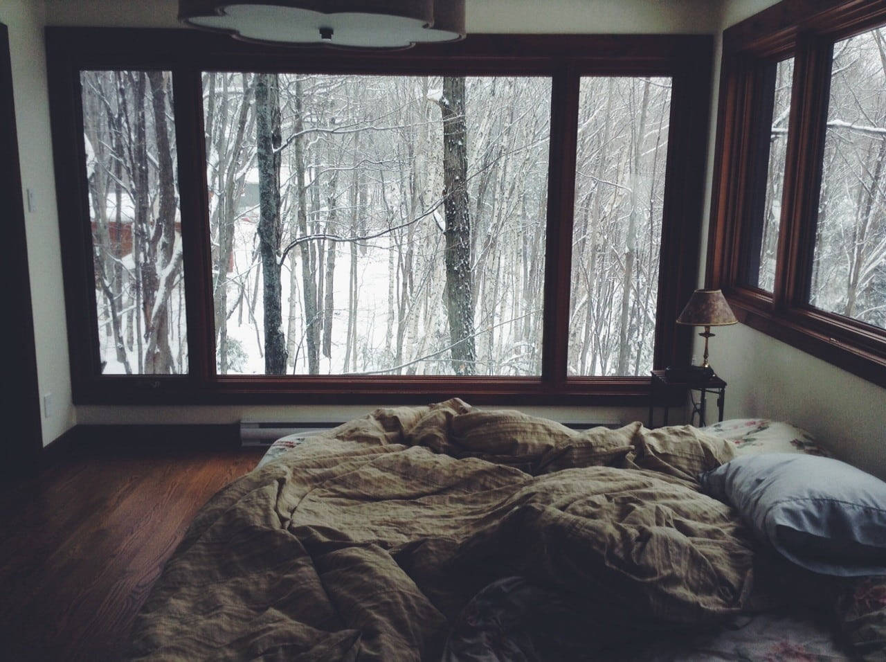 cozy winter, messy bed, large window, HD Desktop Wallpaper