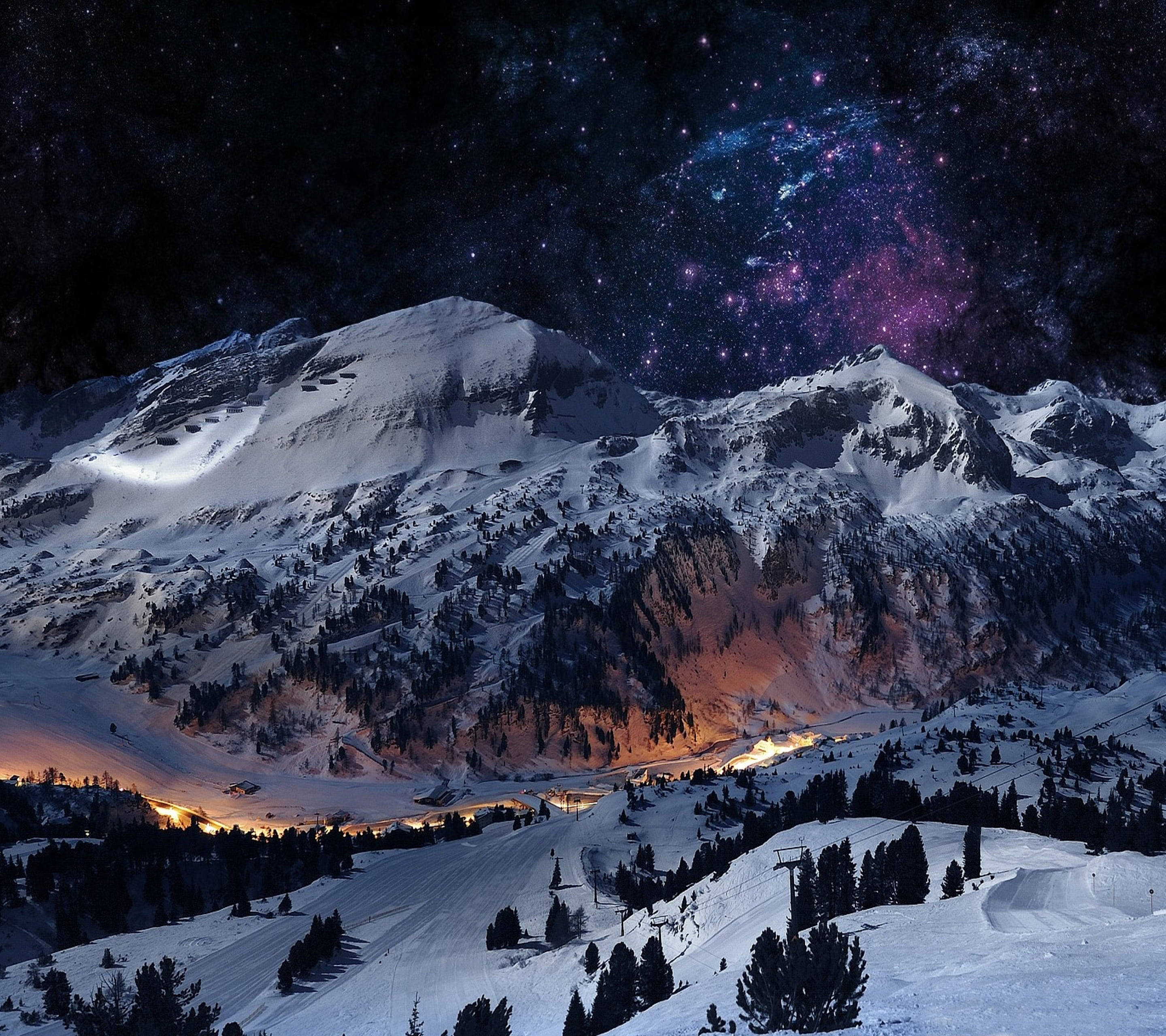 Starry Night, Cozy Winter, vibrant purple and blue starry night sky, 2K Desktop Wallpaper