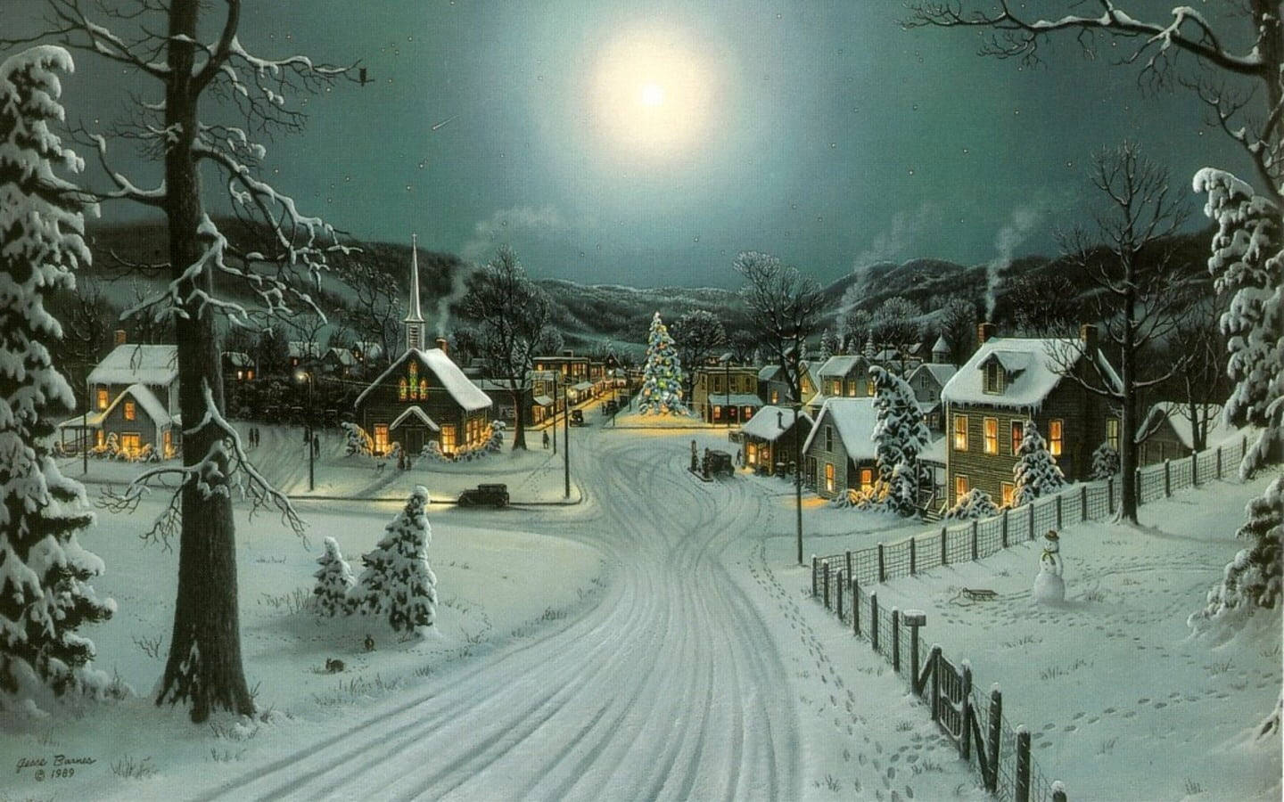 full moon, cozy winter night, snowy village, HD Desktop Wallpaper