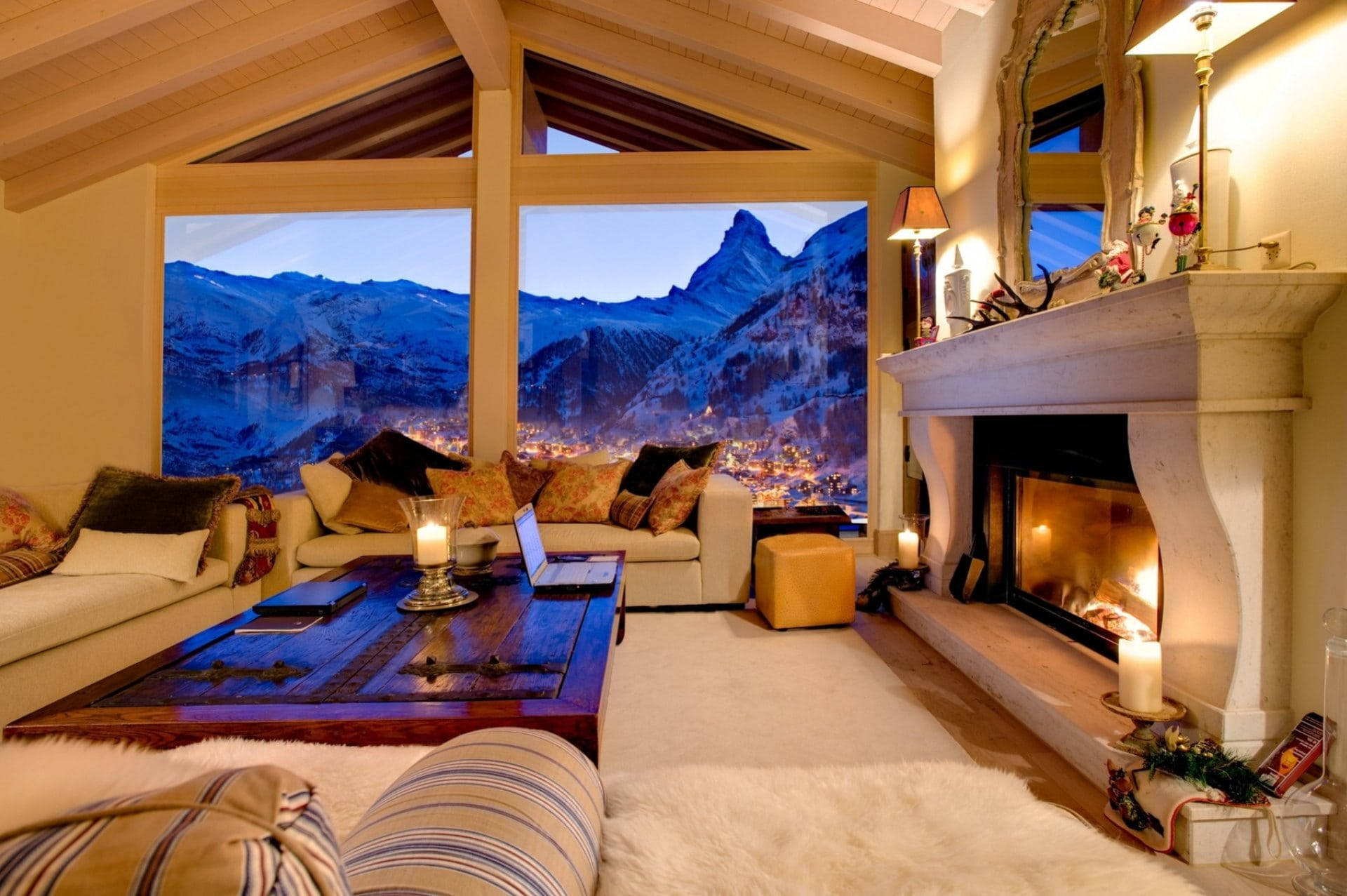 Cozy Winter Hotel Room, mountain lodge, fireplace, Full HD Desktop Wallpaper