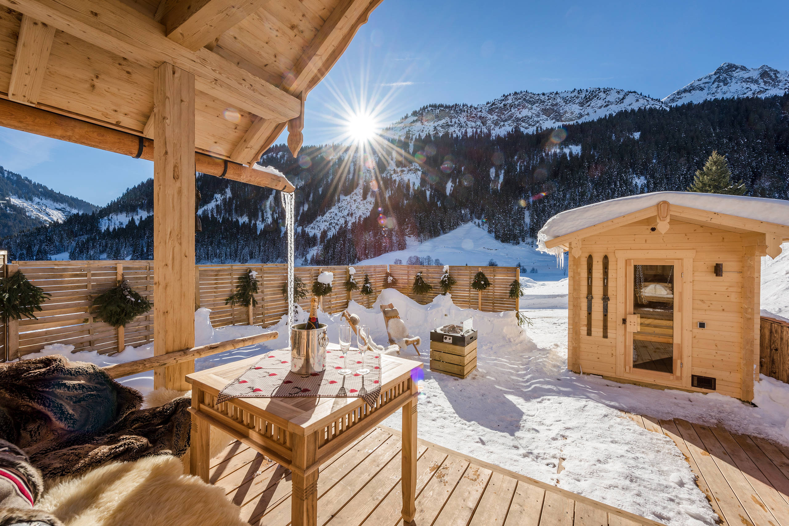 wooden deck, snow-covered mountains, sauna, 2K Desktop Wallpaper