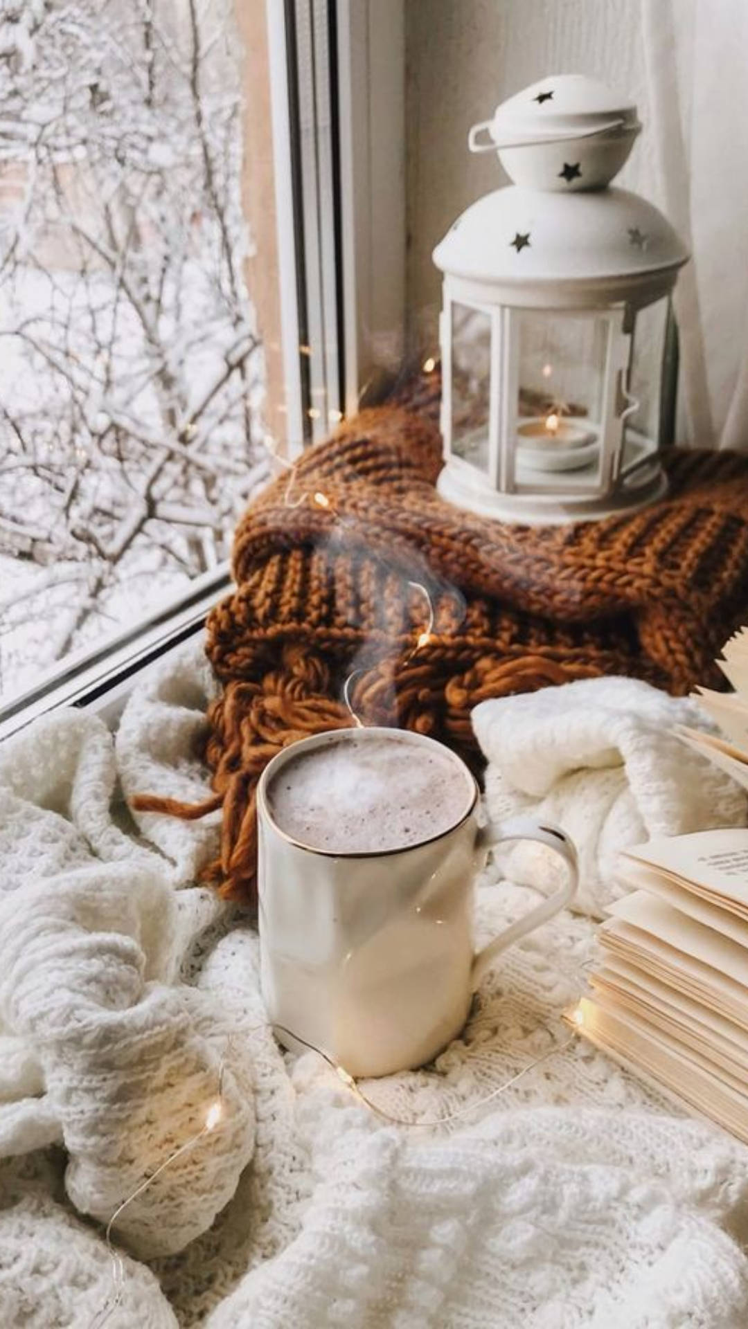 Cozy Winter, window nook, steaming mug, Full HD Phone Wallpaper