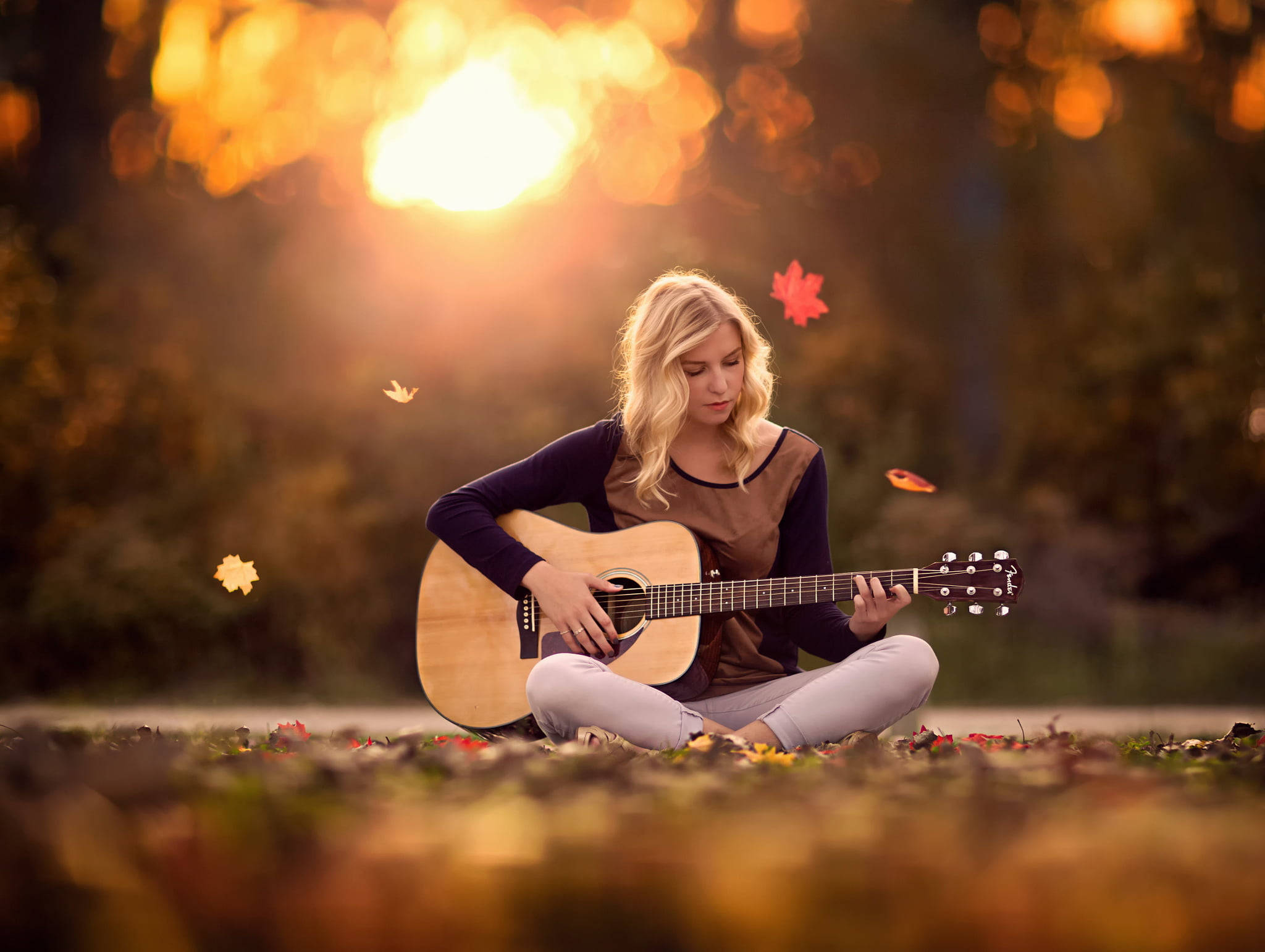 cozy autumn girl guitar, blonde woman, acoustic guitar, Full HD Desktop Wallpaper