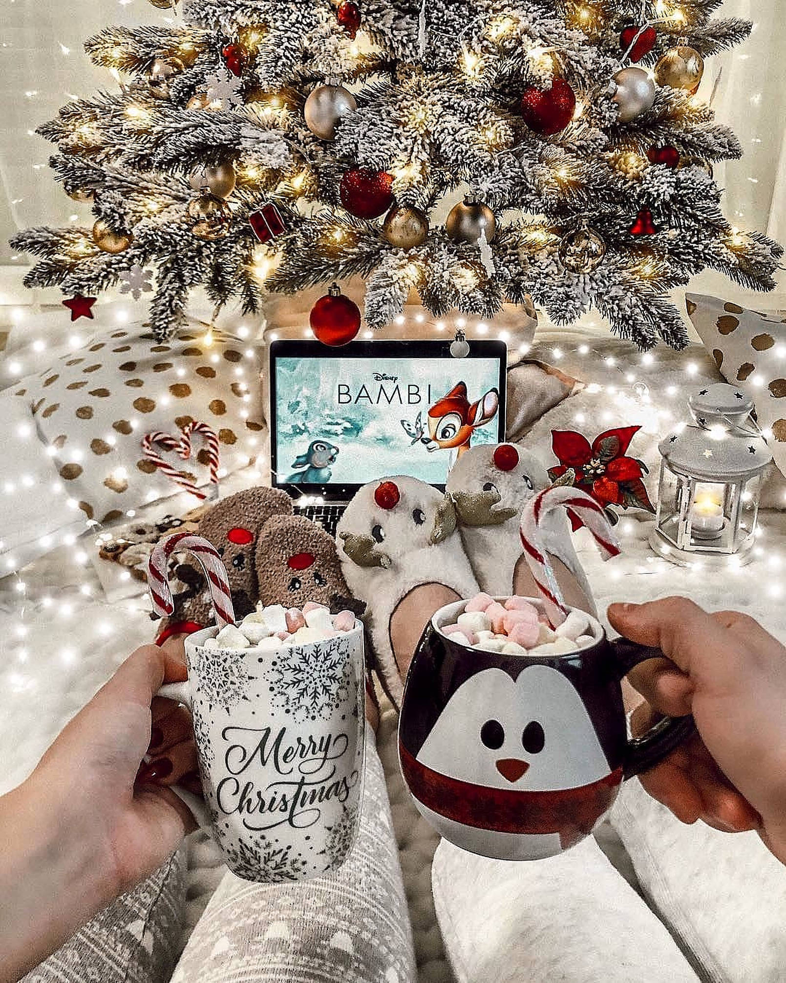 Cozy Christmas Aesthetic, reindeer socks, flocked Christmas tree, Full HD Phone Wallpaper