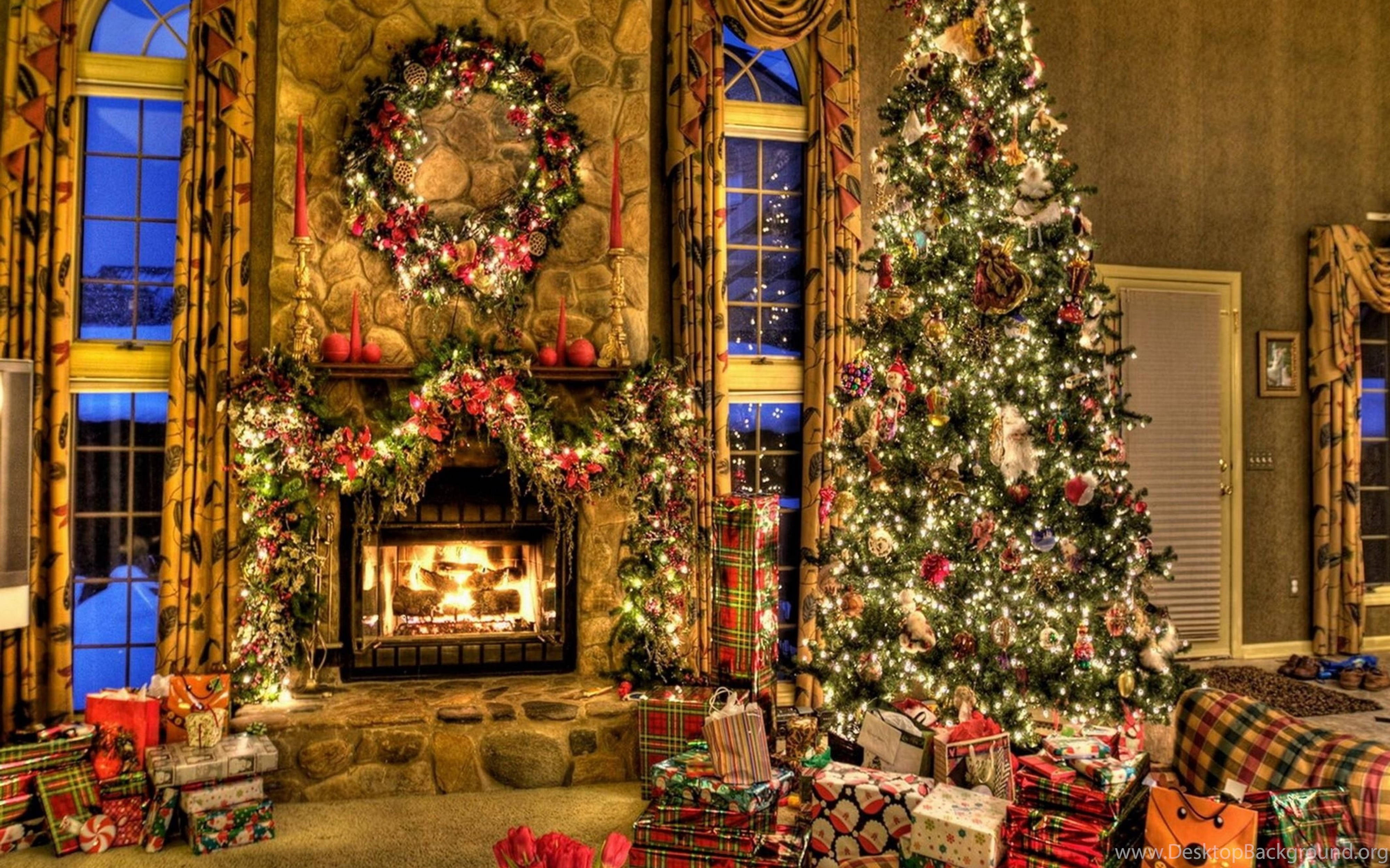 4K Ultra HD, Christmas tree, stone fireplace, 4K Desktop Wallpaper