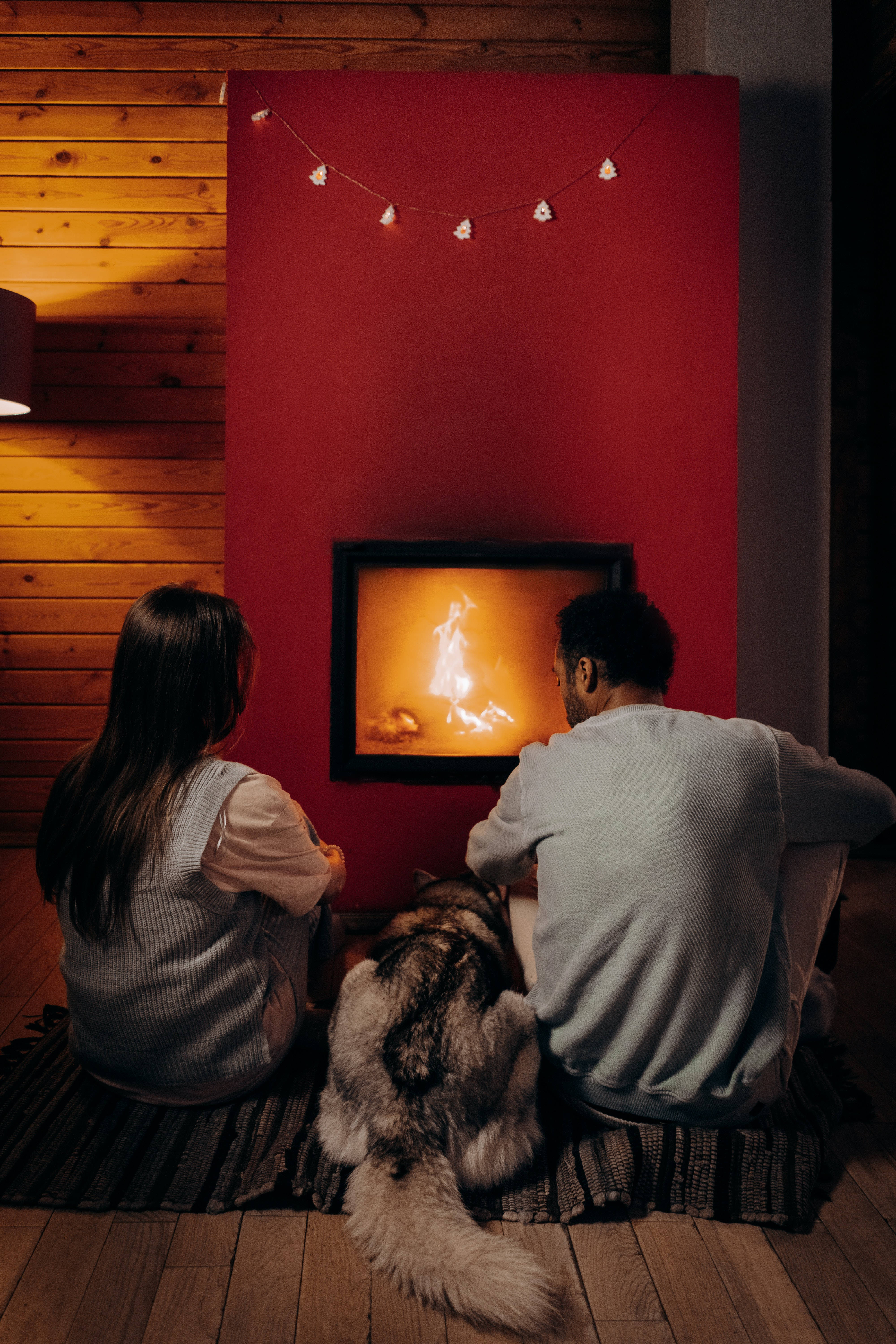 husky, fireplace, wooden cabin, 5K Phone Wallpaper