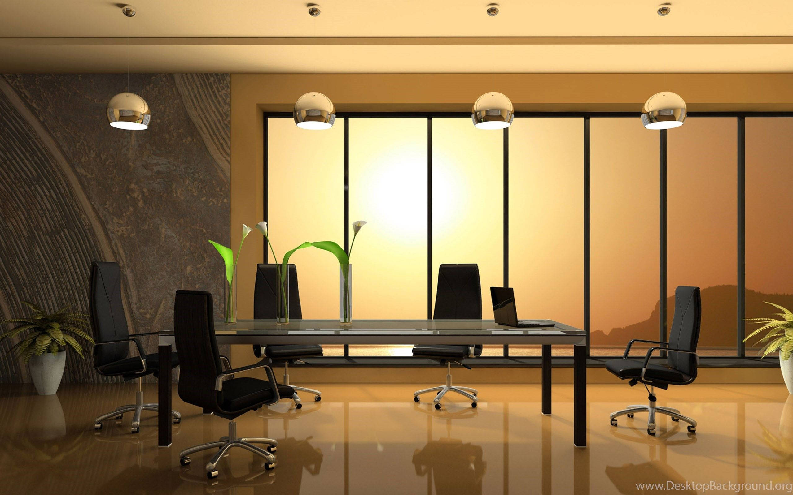 cozy conference room, sleek black chairs, long table, 2K Desktop Wallpaper