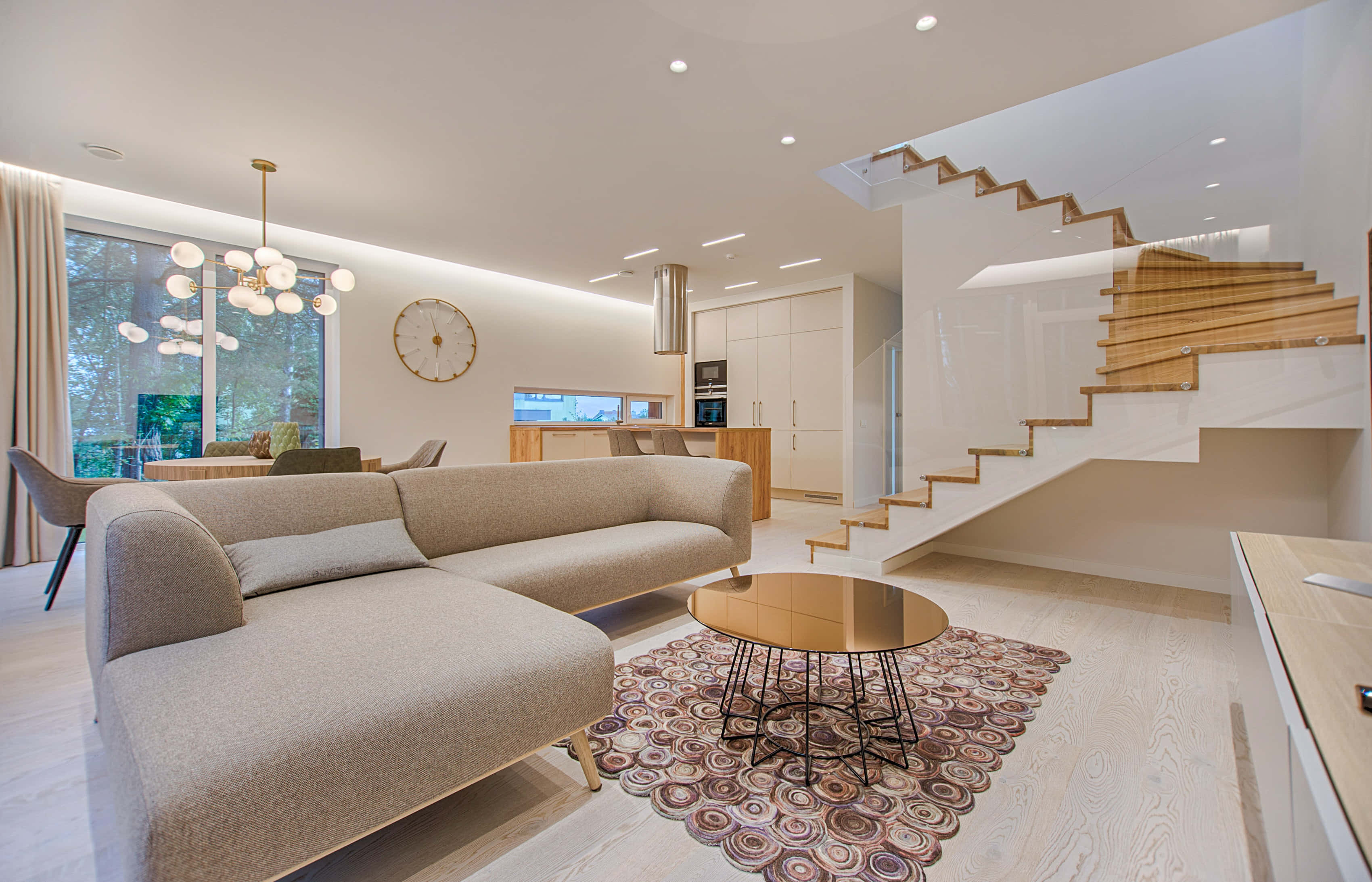 cozy, wood minimalist house interior, beige sofa, 2K Desktop Wallpaper