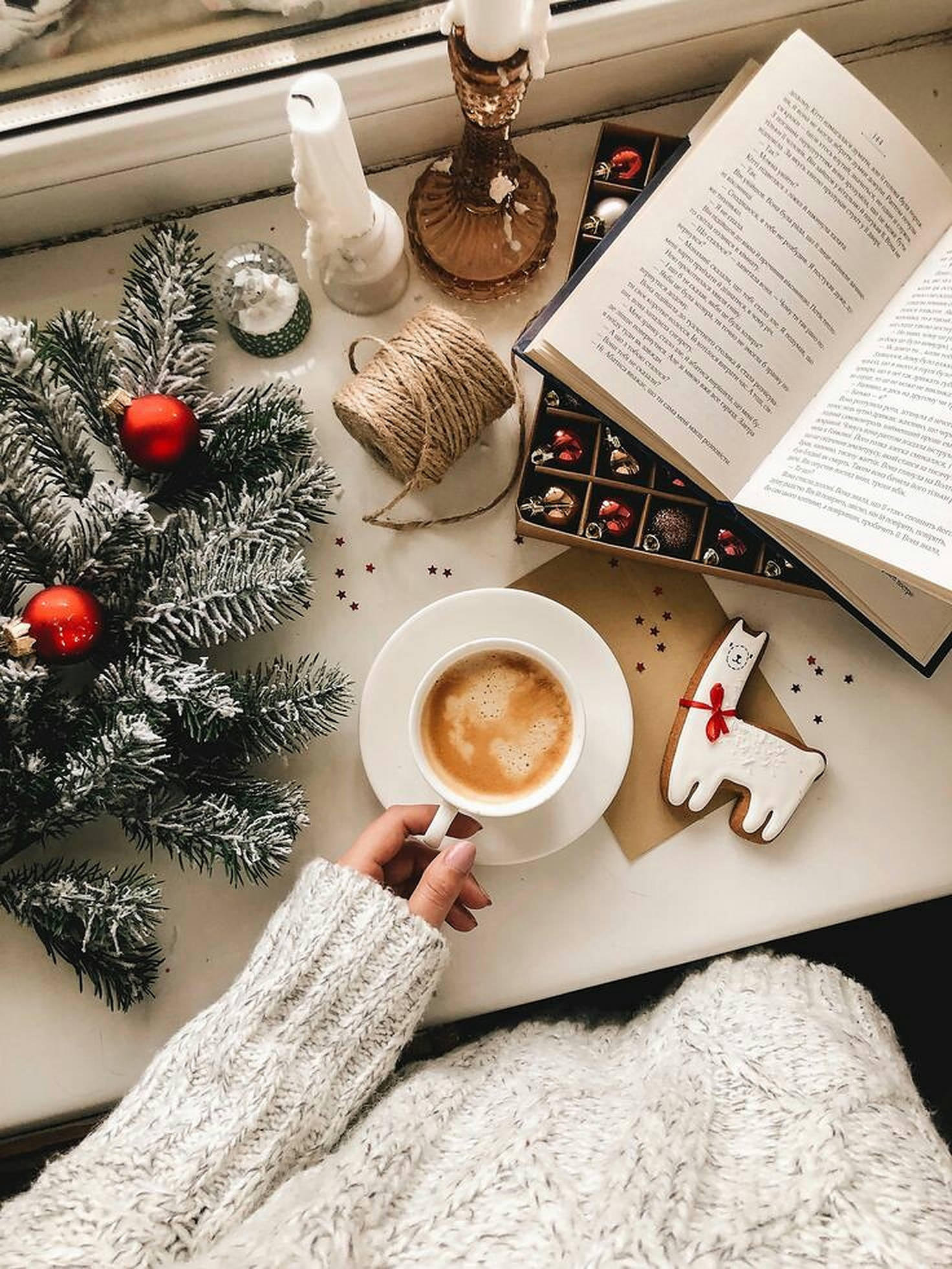 cozy christmas aesthetic cup, cookie, snowy fir branch, Full HD Phone Wallpaper