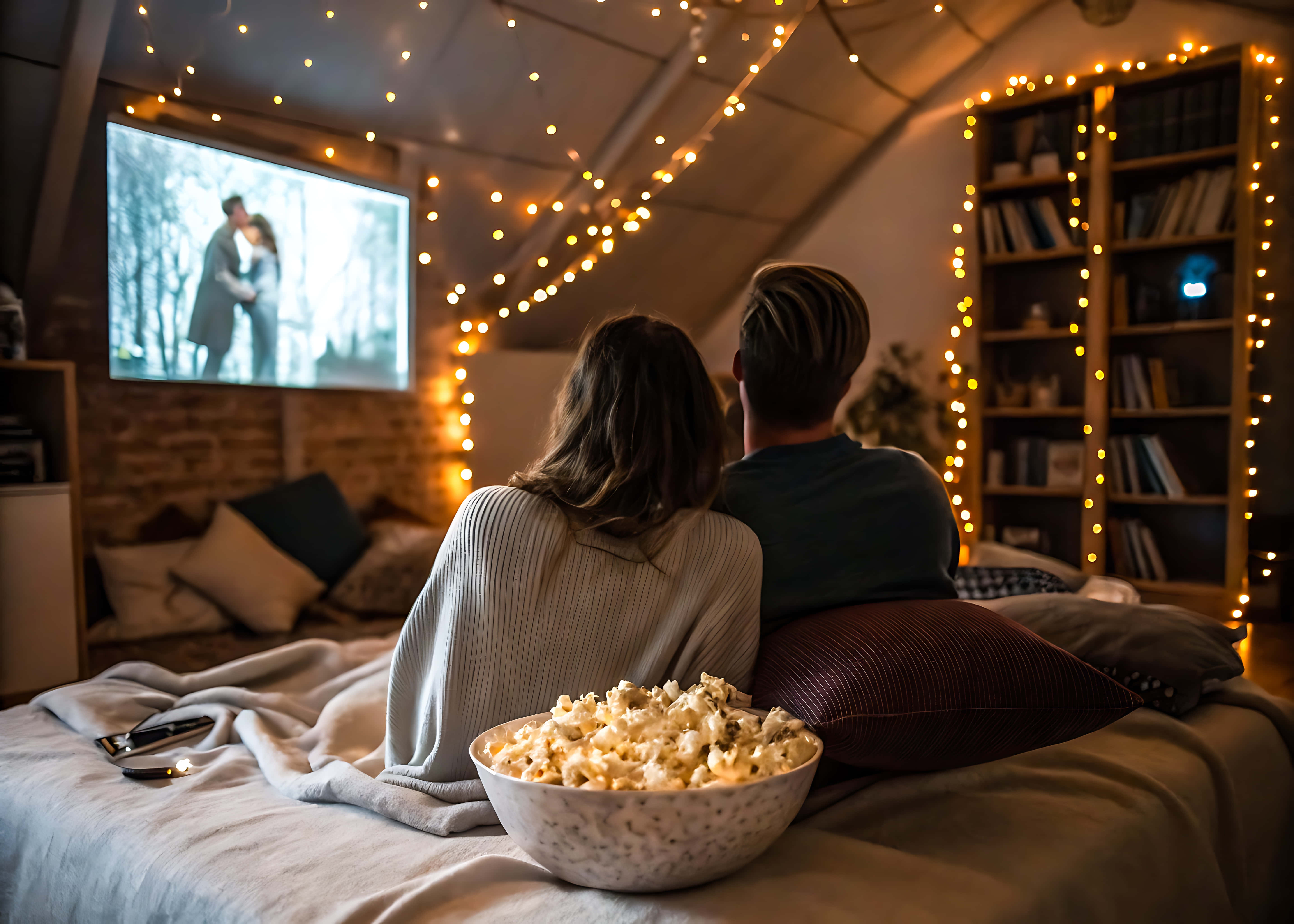 couple, bed, movie screen, 5K Desktop Wallpaper