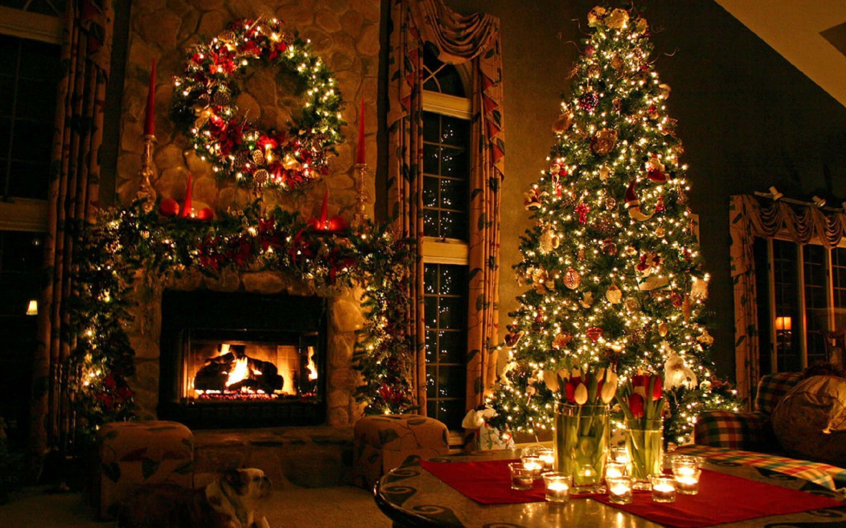 Cozy Christmas, fireplace, stone fireplace, 2K Desktop Wallpaper