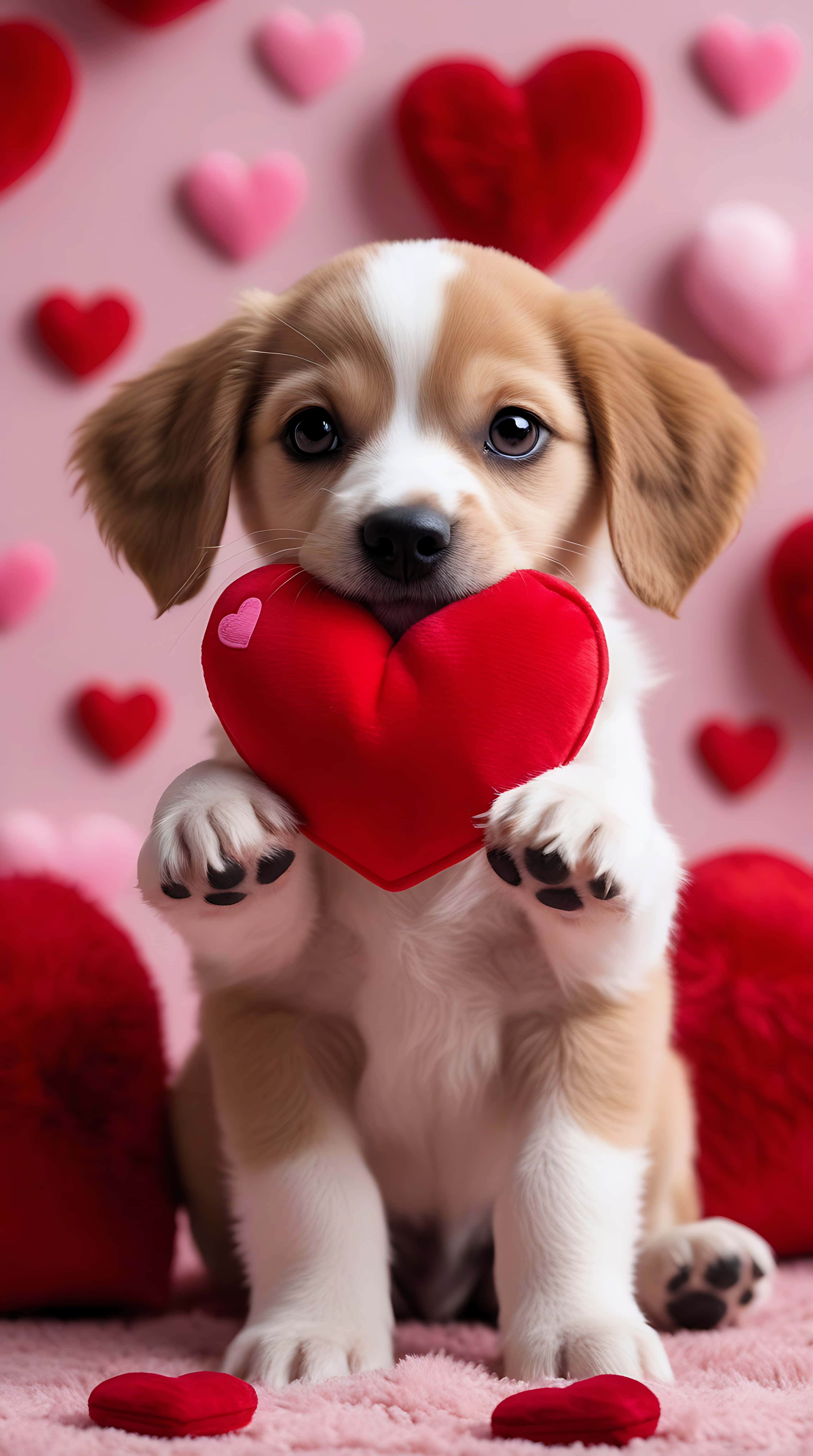 lovely puppy, red heart plush toy, pink background, 5K Phone Wallpaper