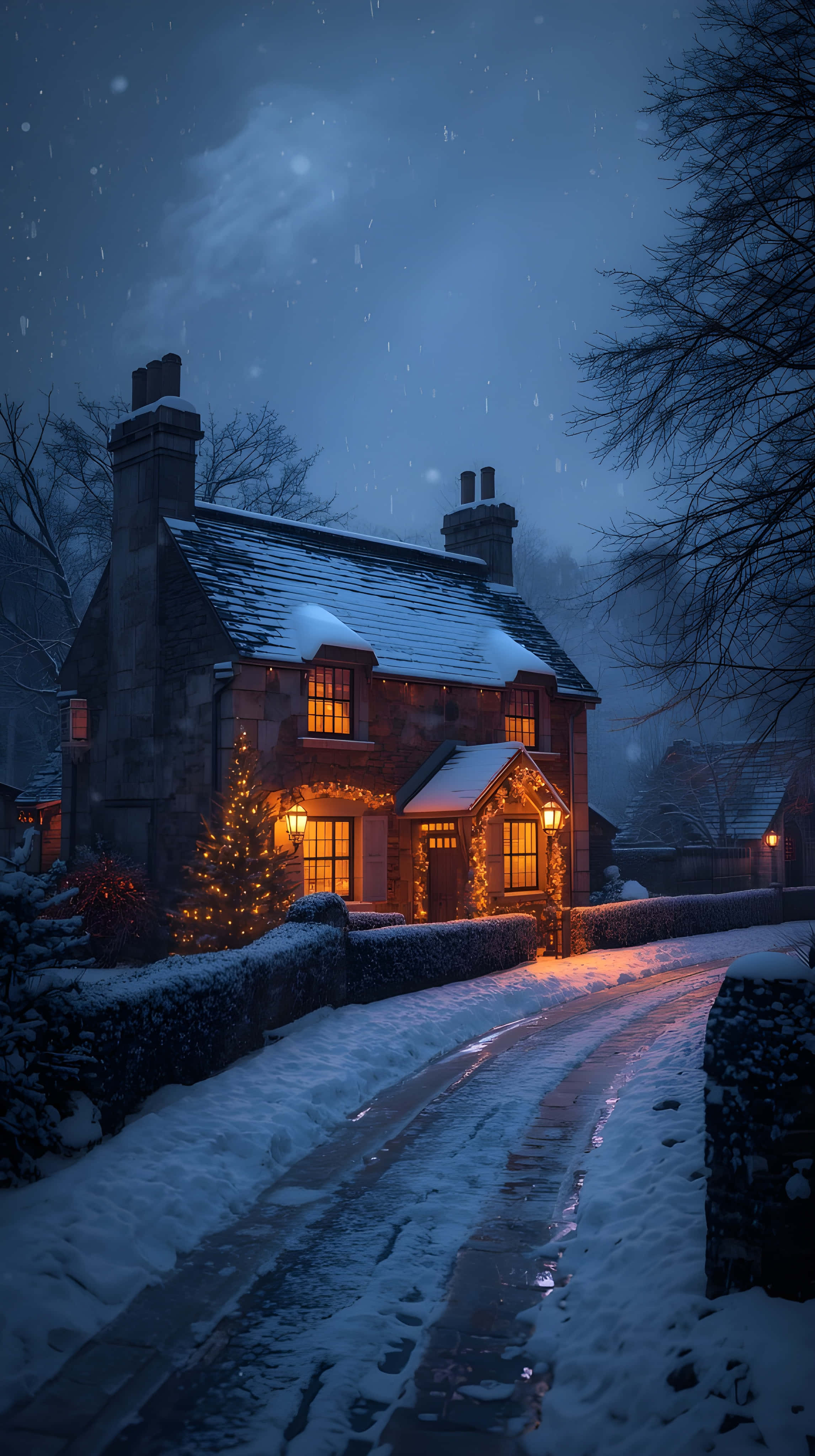 winter cabin, dusk, festive holiday decorations, 4K Phone Wallpaper