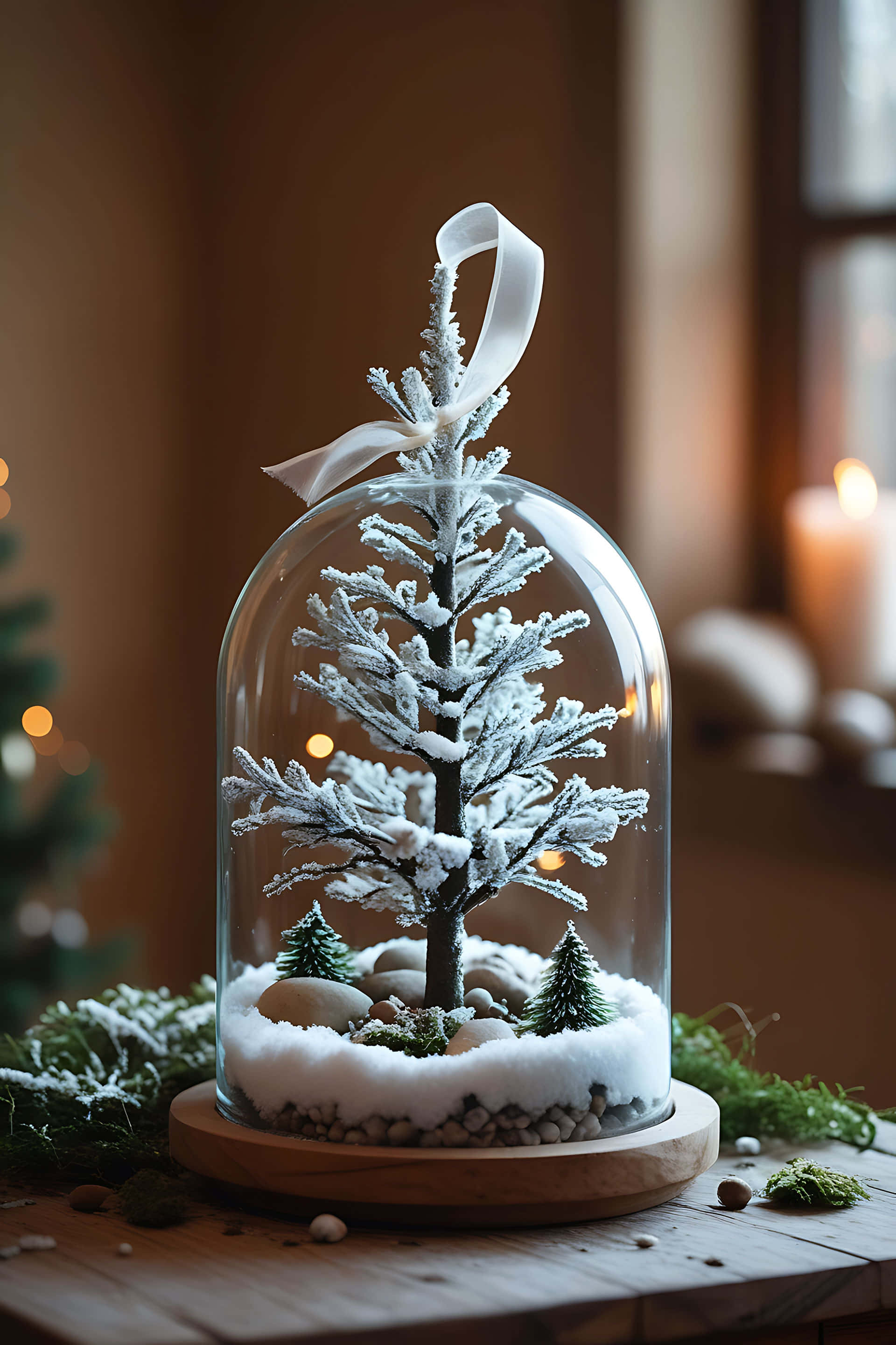 glass dome, frosted miniature tree, white ribbon, 2K Phone Wallpaper