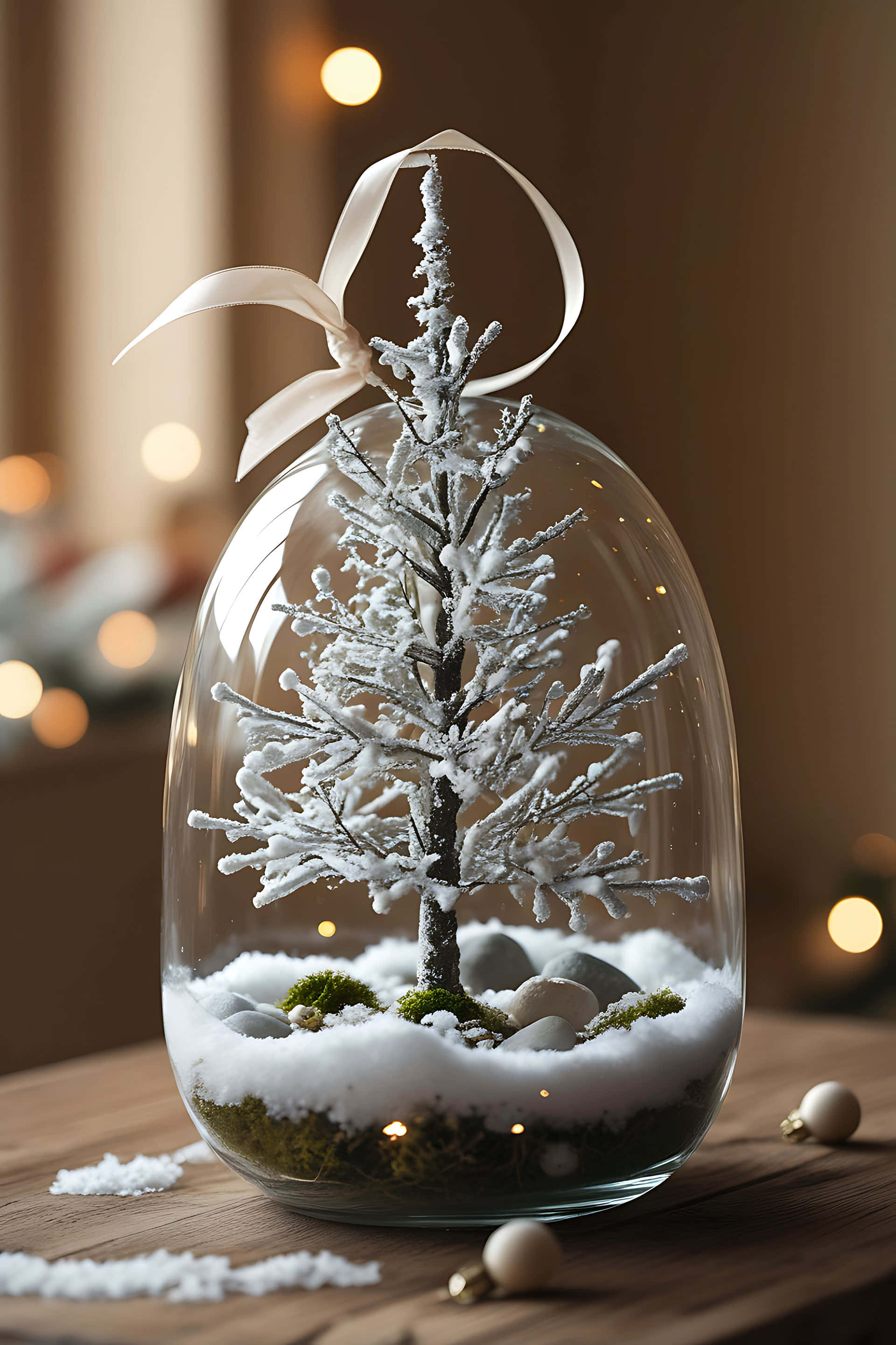 miniature snowy christmas tree, glass terrarium, white ribbon, 2K Phone Wallpaper