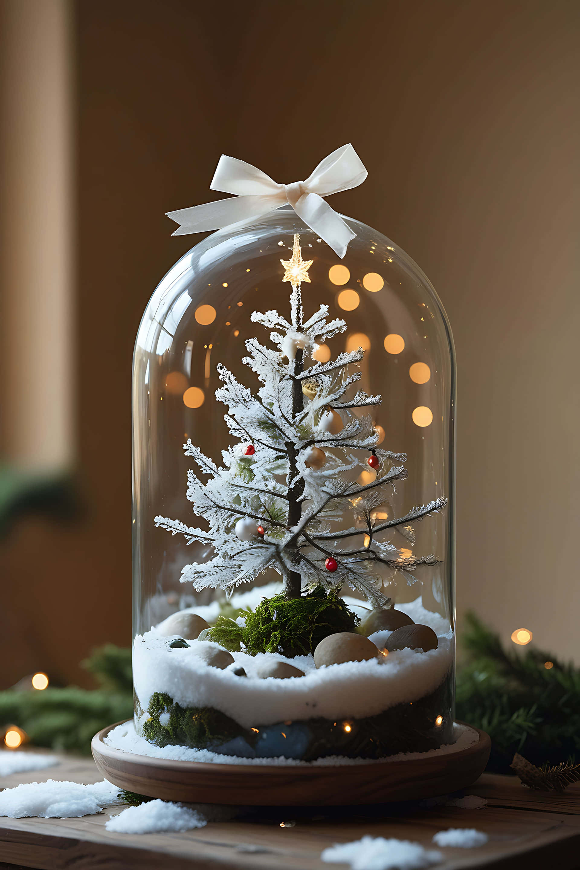 delicate snowy christmas tree, glass dome, white bow, 2K Phone Wallpaper