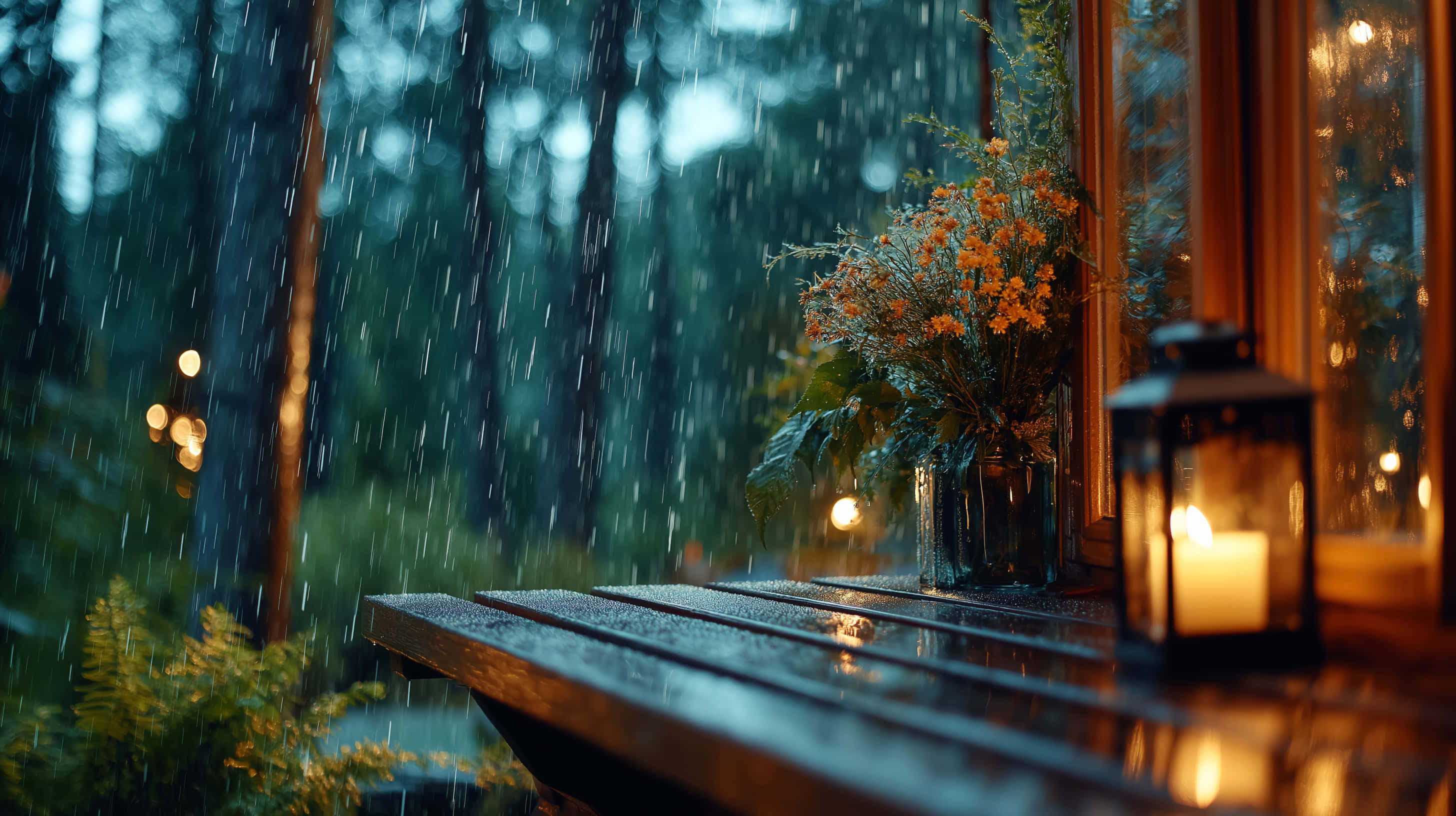 rainy forest view, candlelight, bouquet, 2K Desktop Wallpaper