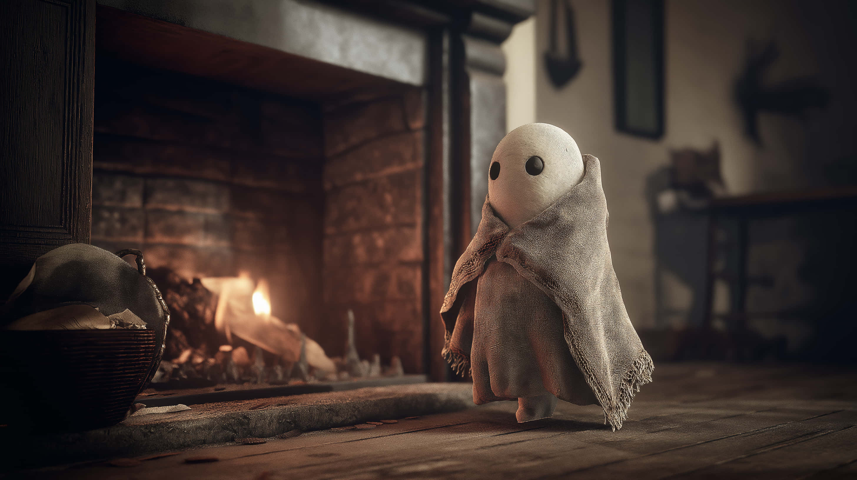 small ghost, fireplace, blanket, 2K Desktop Wallpaper