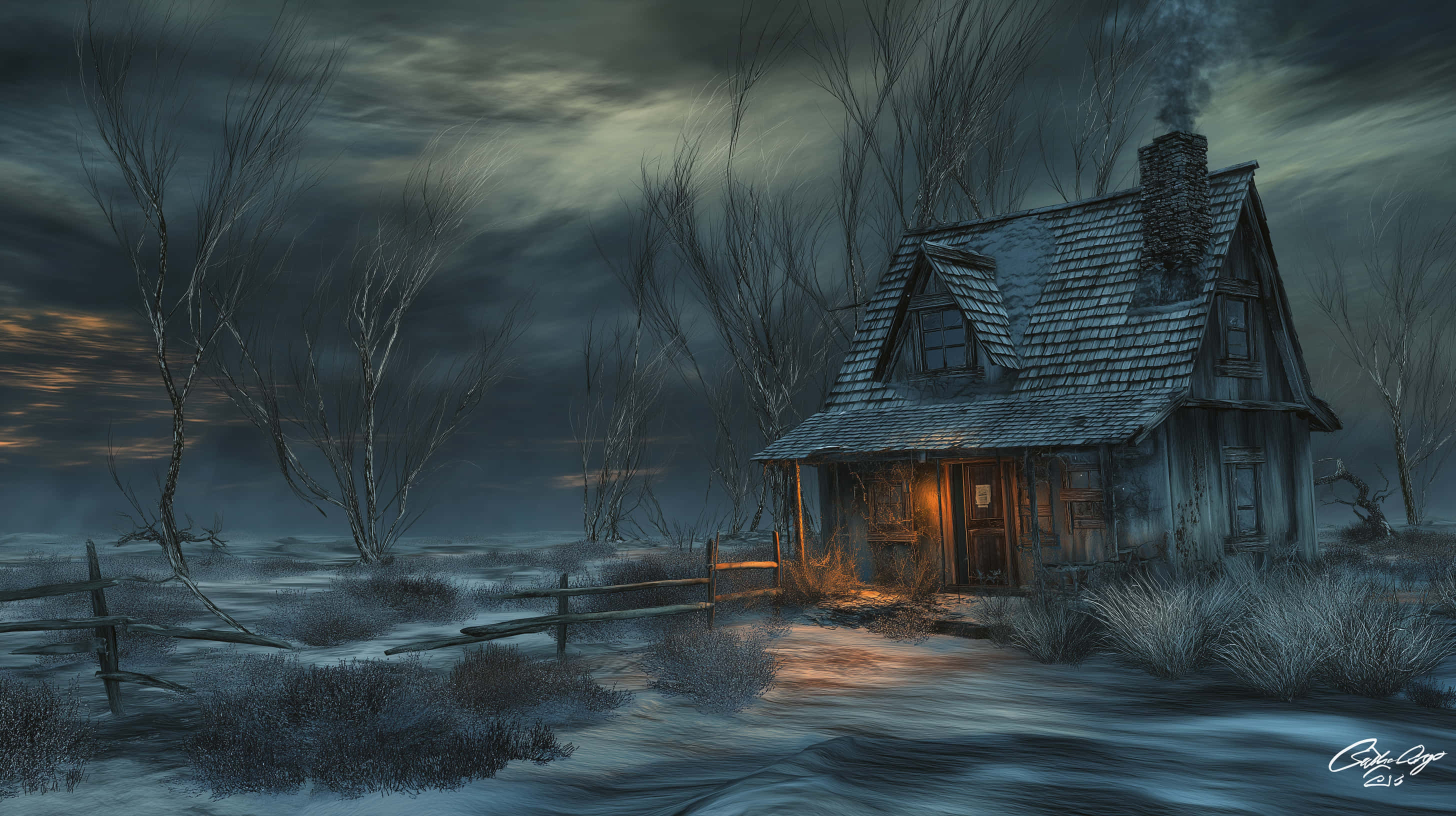 rustic cabin, snow-covered landscape, twilight, 2K Desktop Wallpaper