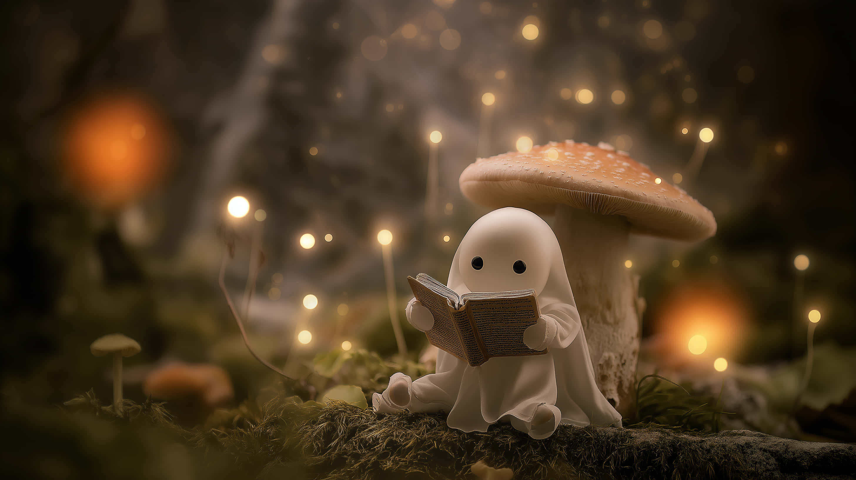 cozy ghost, glowing mushroom, misty forest, 2K Desktop Wallpaper