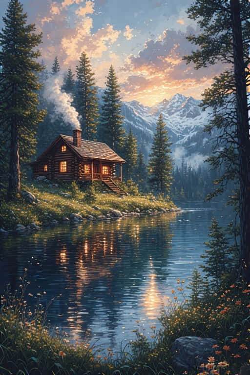 lakeside log cabin, sunset, snow-capped mountains, SD Phone Wallpaper