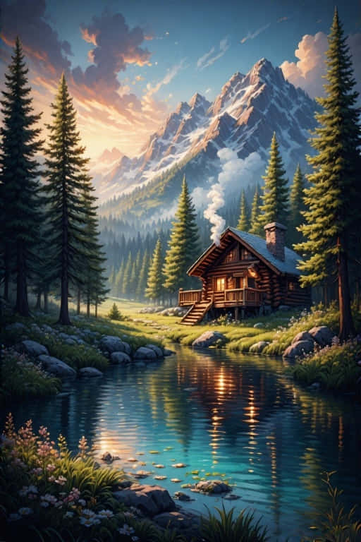 lakeside log cabin, calm river, snow-capped mountains, SD Phone Wallpaper