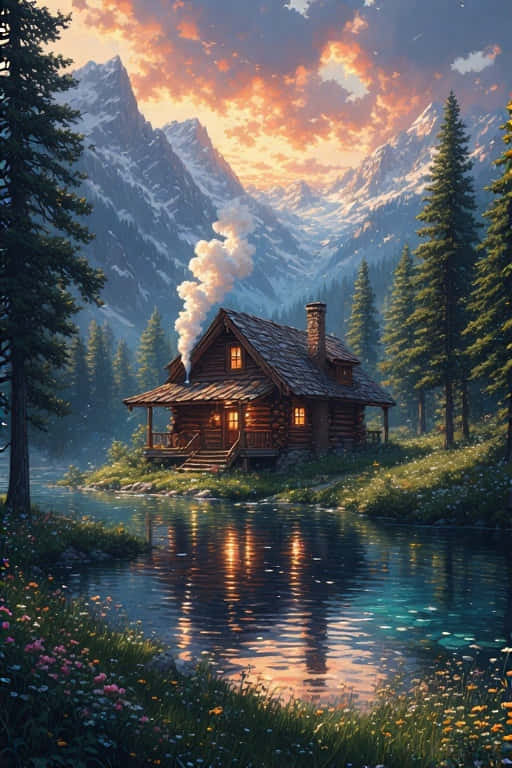 lakeside log cabin retreat, calm river, fiery sunset clouds, SD Phone Wallpaper