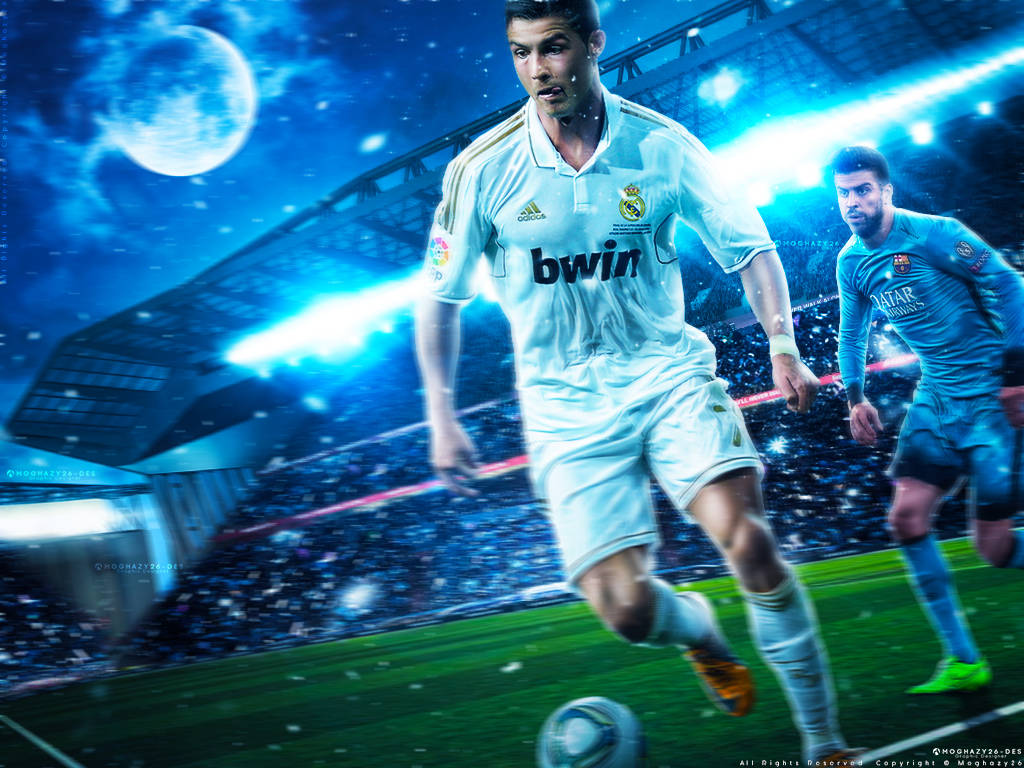 CR7 3D, white jersey, glowing moon, SD Desktop Wallpaper