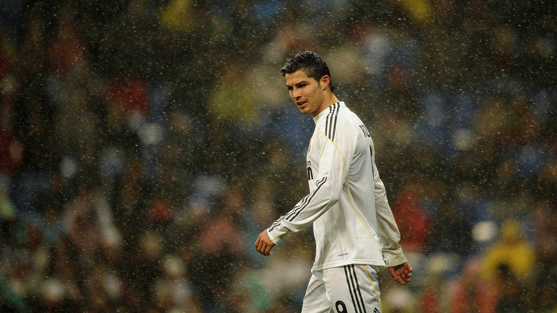 CR7 HD, raining football game, white uniform, Full HD Desktop Wallpaper