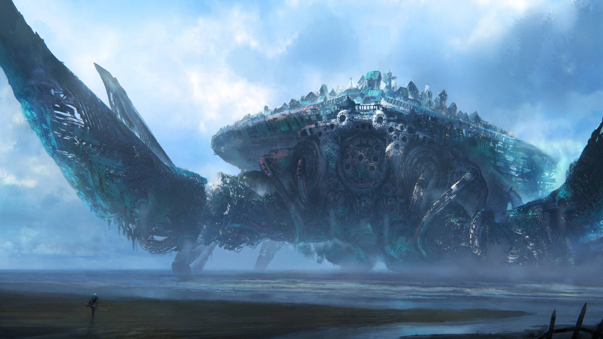 metallic crab, biomechanical crab fortress, misty waters, Full HD Desktop Wallpaper