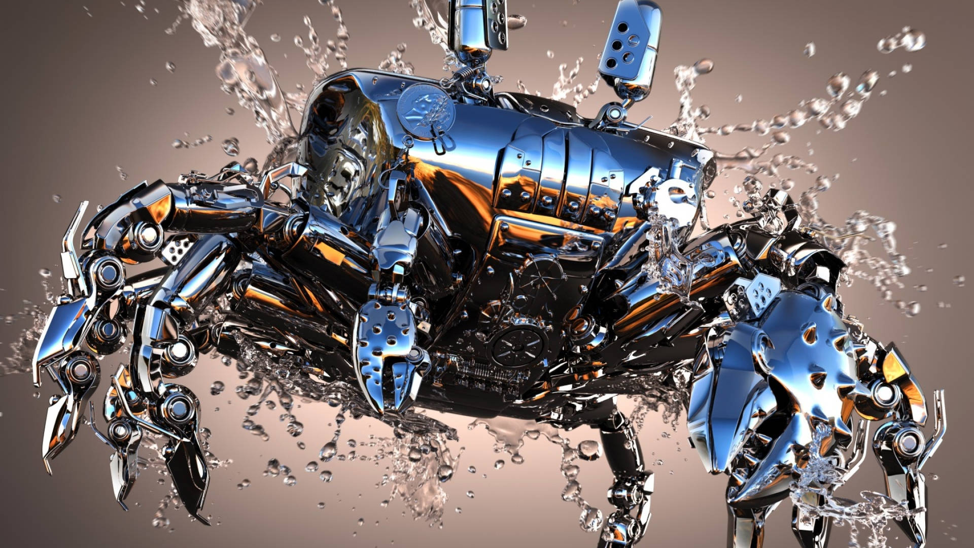 cool robot crab, shiny chrome, water, Full HD Desktop Wallpaper