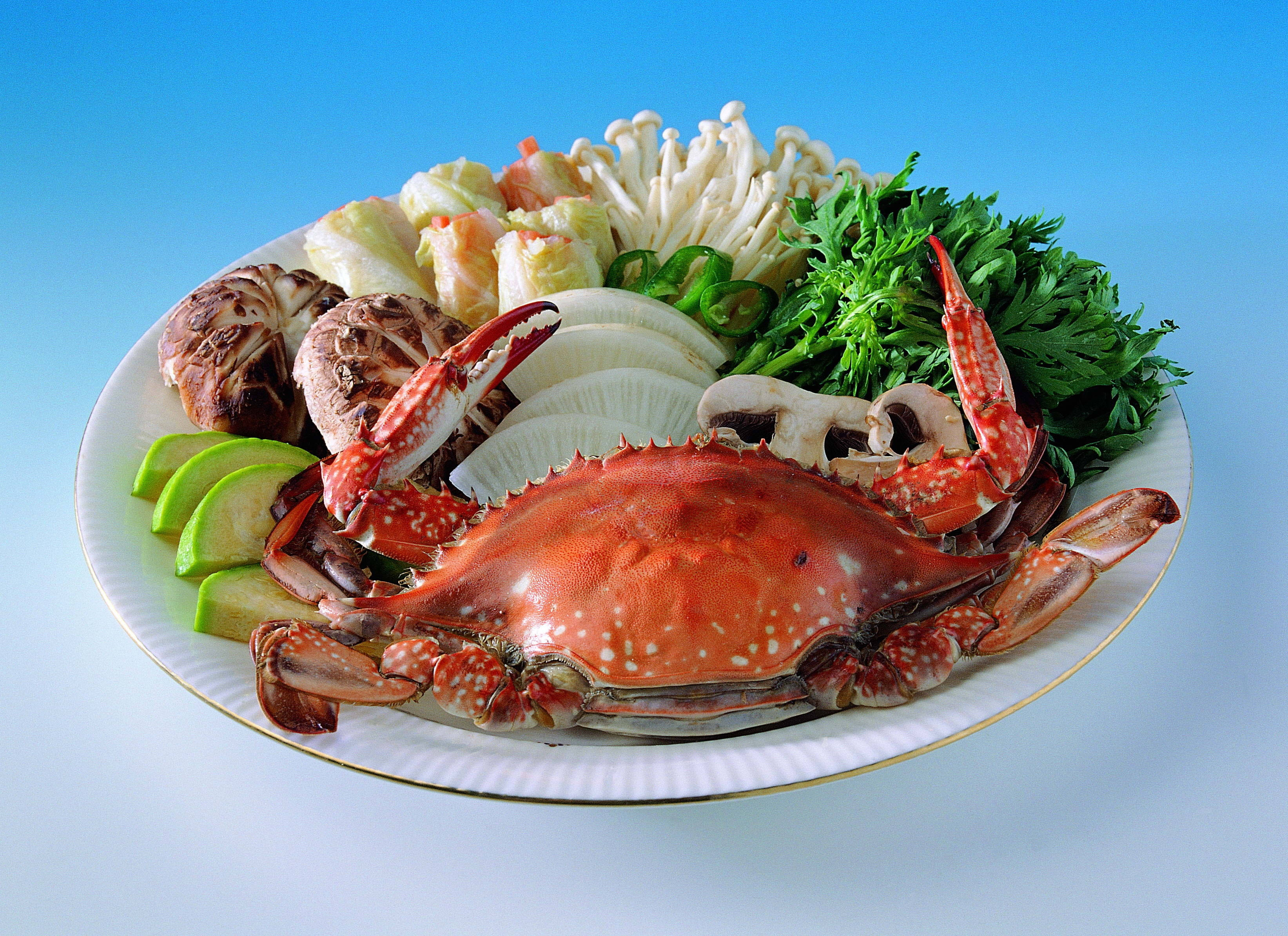 crab, vegetables, mushrooms, 2K Desktop Wallpaper