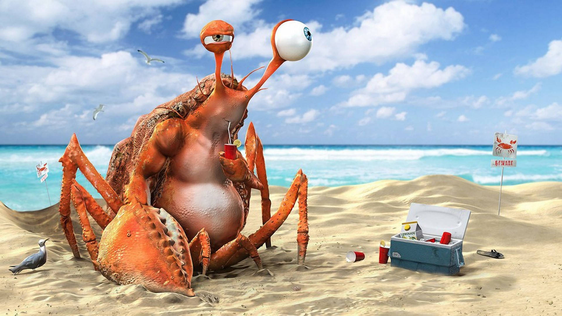 animated crab, beach, orange crab, Full HD Desktop Wallpaper