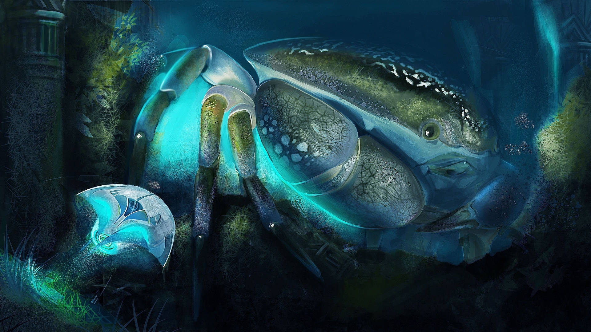crab, giant glowing blue crab, dark underwater ruins, Full HD Desktop Wallpaper