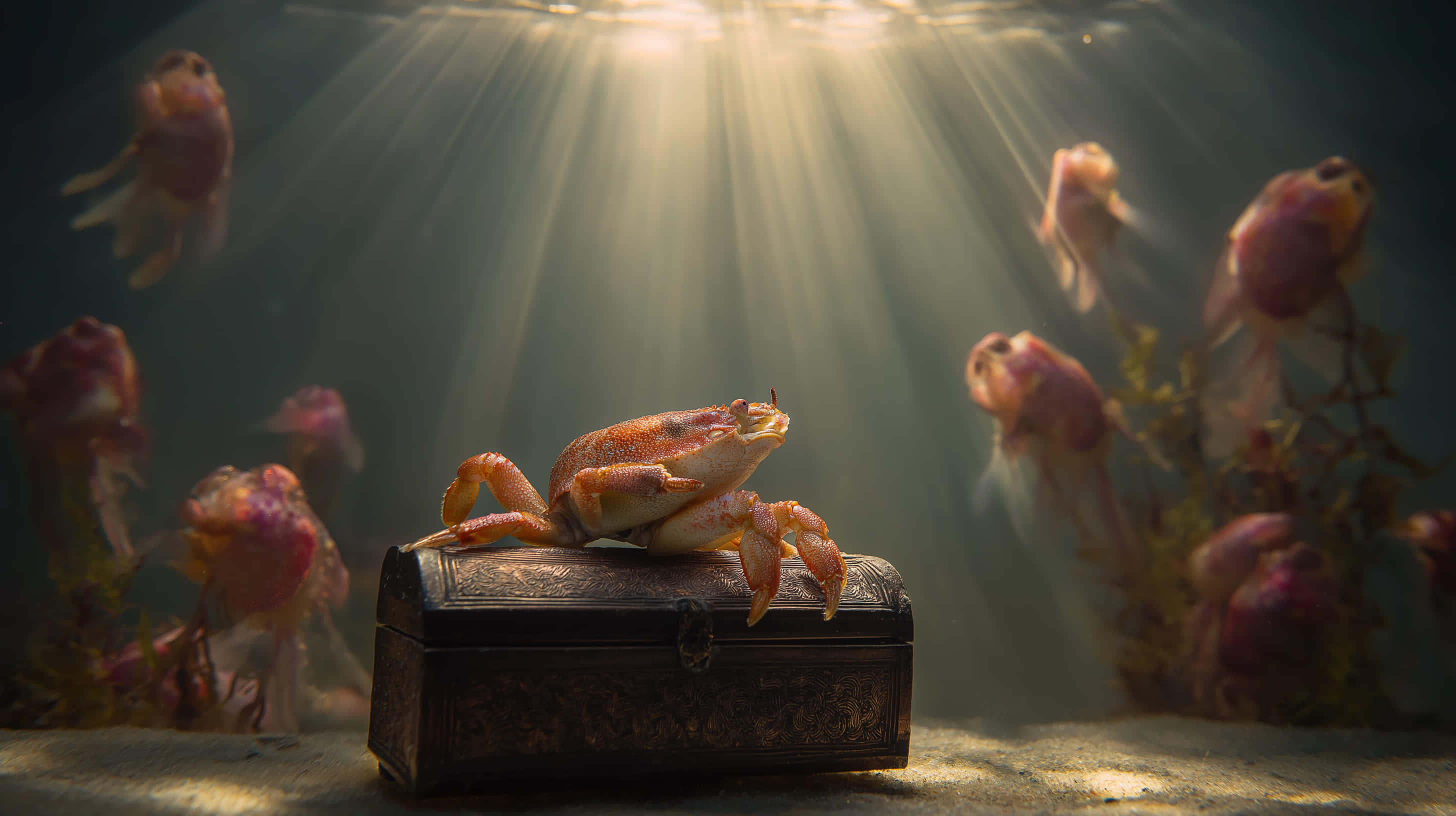crab, ornate chest, golden fish, 2K Desktop Wallpaper