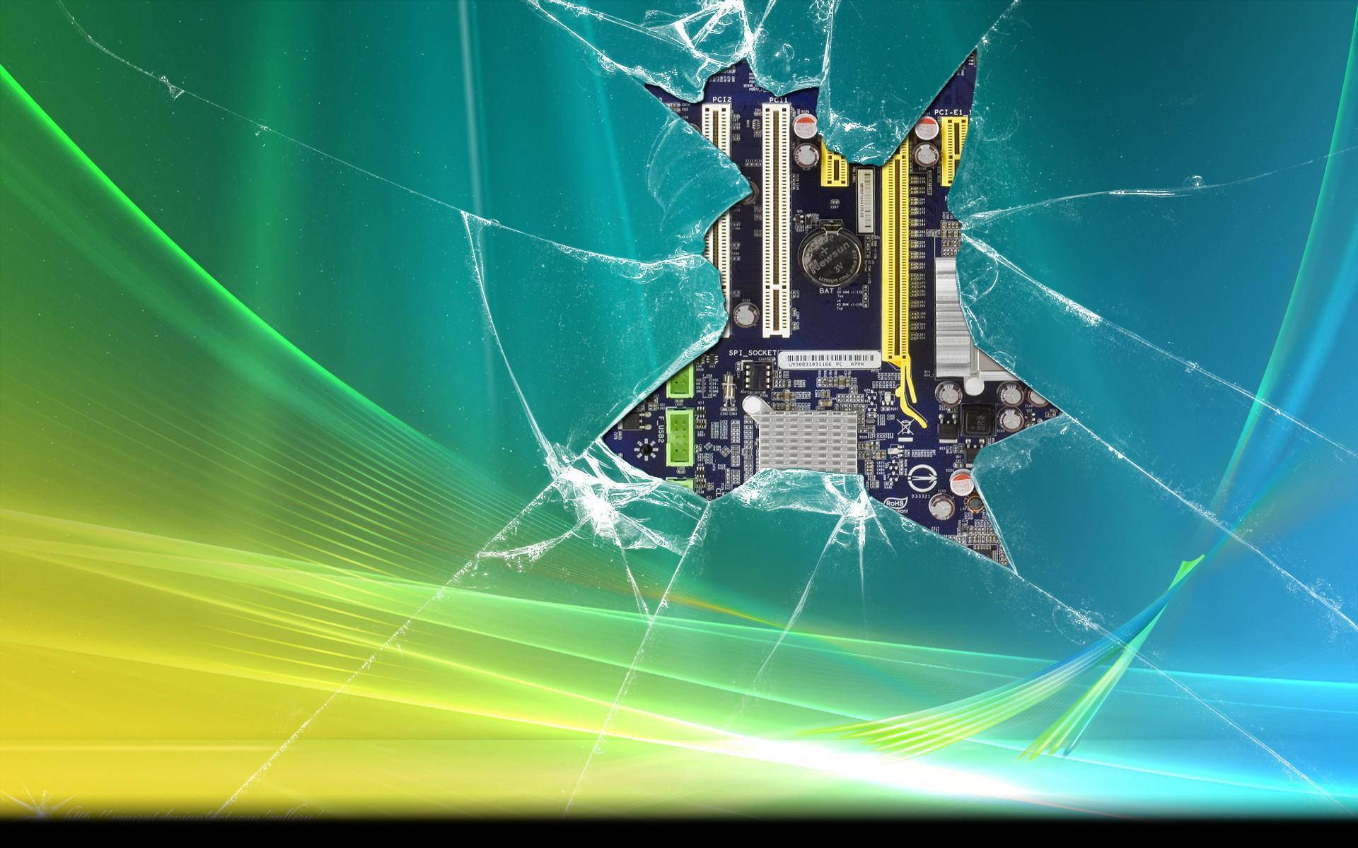 cracked computer screen, blue motherboard, vibrant green yellow and blue abstract background, Full HD Desktop Wallpaper