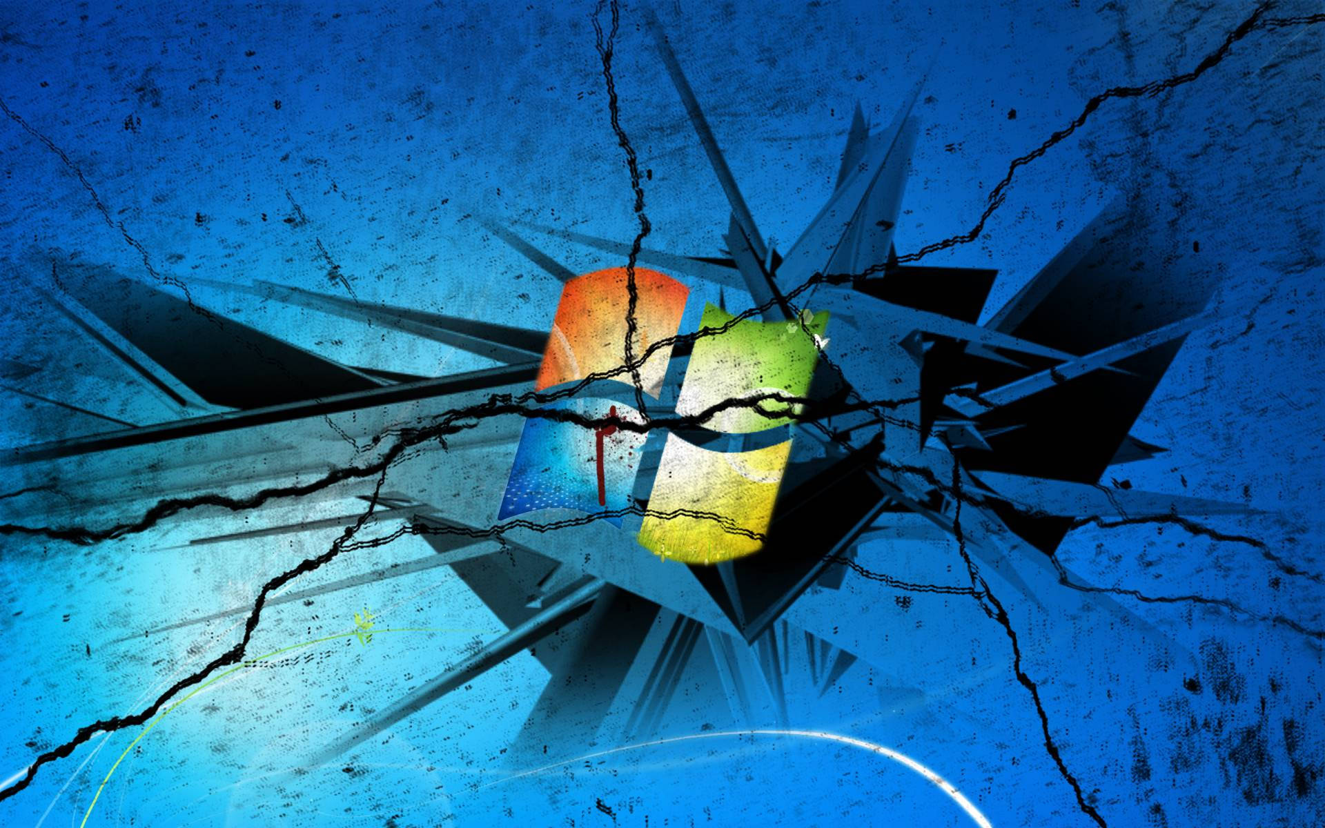 cracked computer screen, blue surface, colorful Windows logo, Full HD Desktop Wallpaper