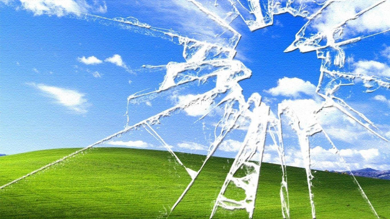 cracked computer screen, green hill, blue sky, HD Desktop Wallpaper