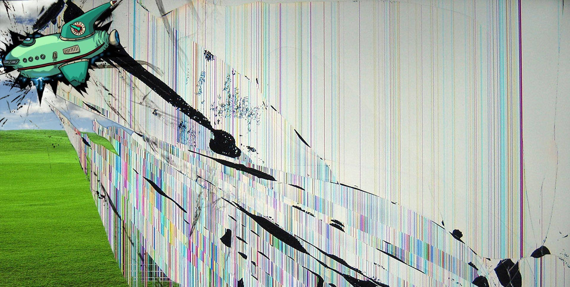 cracked computer screen, bliss spaceship, teal spaceship, Full HD Desktop Wallpaper