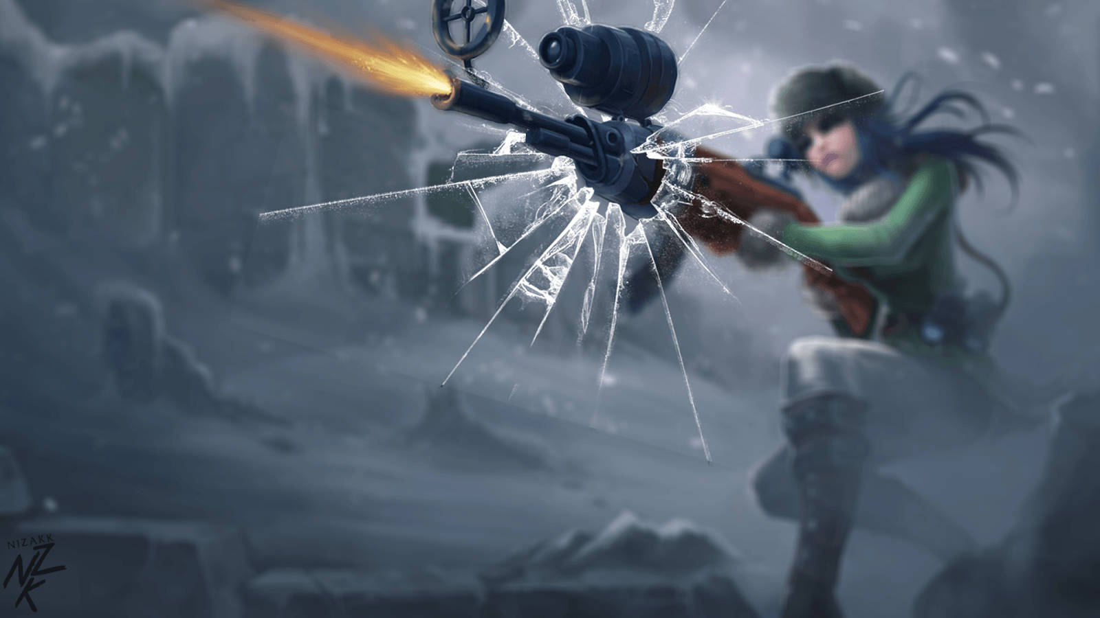 cracked computer screen, sniper, blue-haired anime girl, HD Desktop Wallpaper