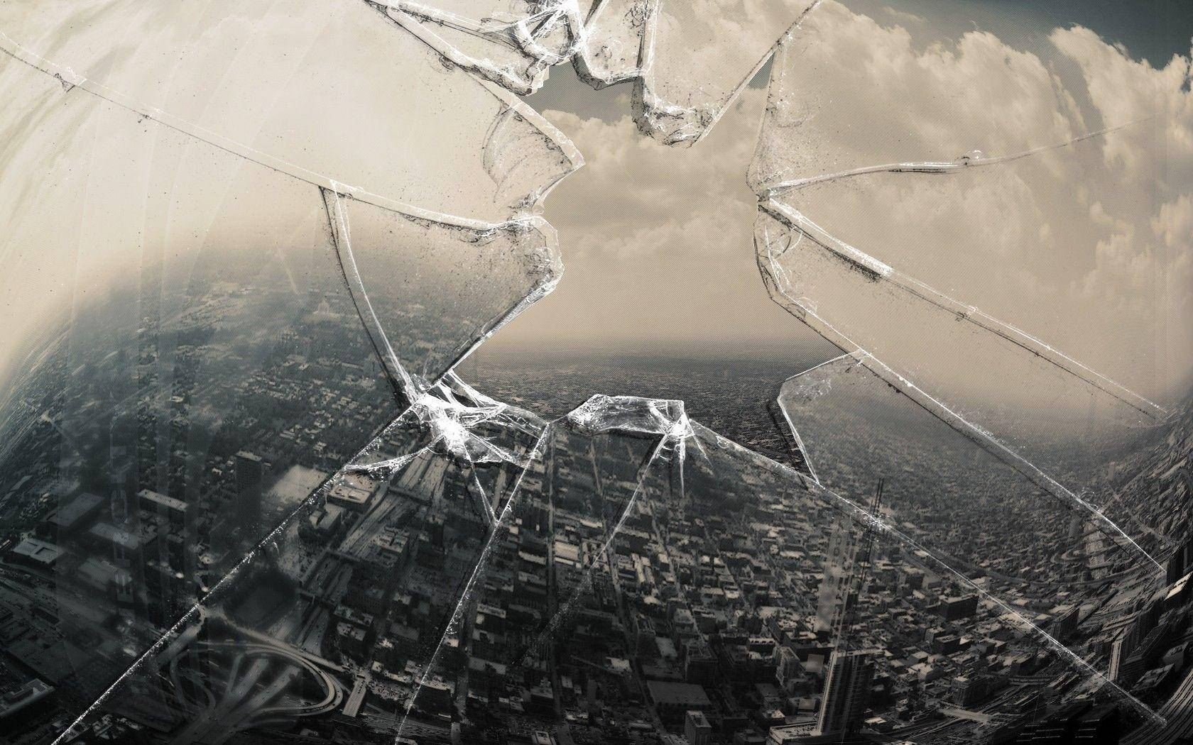 cracked computer screen, skyline, glass, HD Desktop Wallpaper