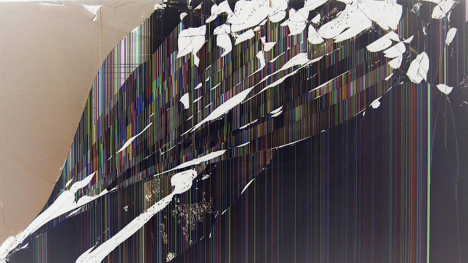 cracked black computer screen, vertical rainbow stripes, white fragmented shapes, Full HD Desktop Wallpaper